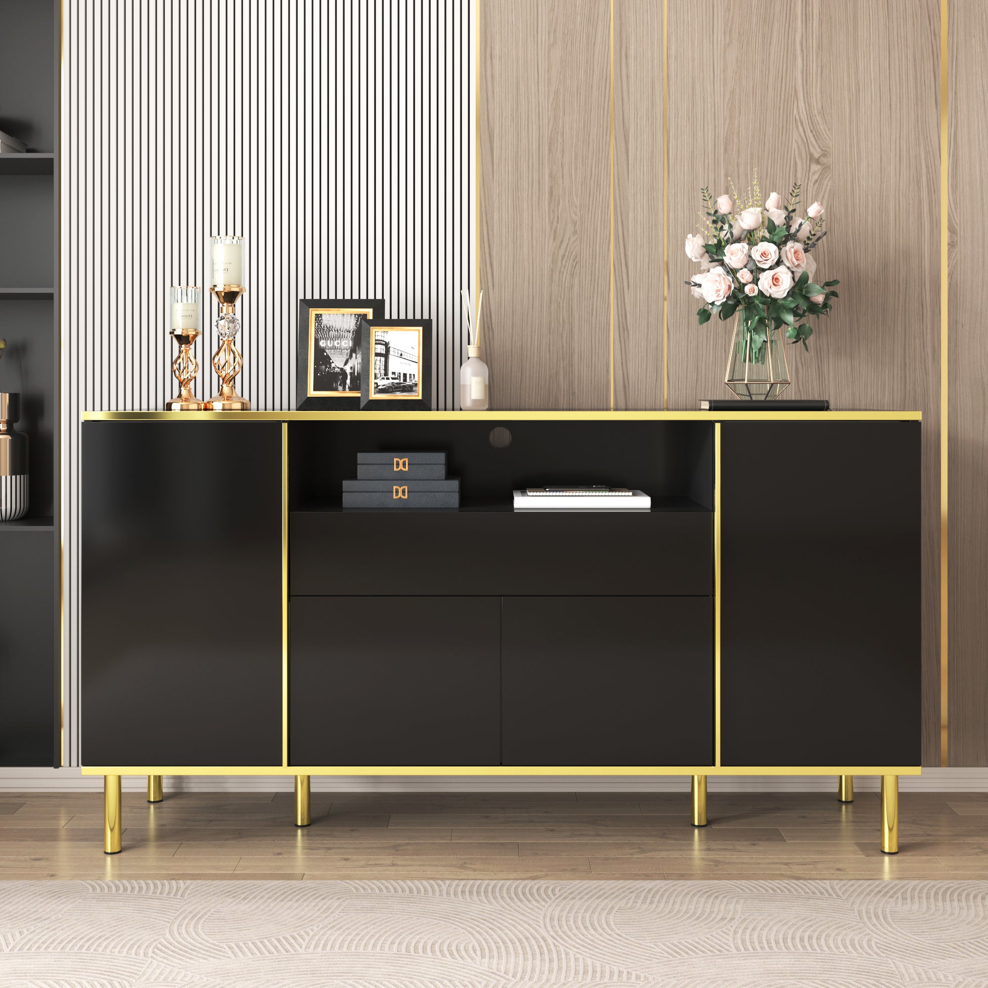 Sideboard, High-Gloss with 1 Drawer, Black