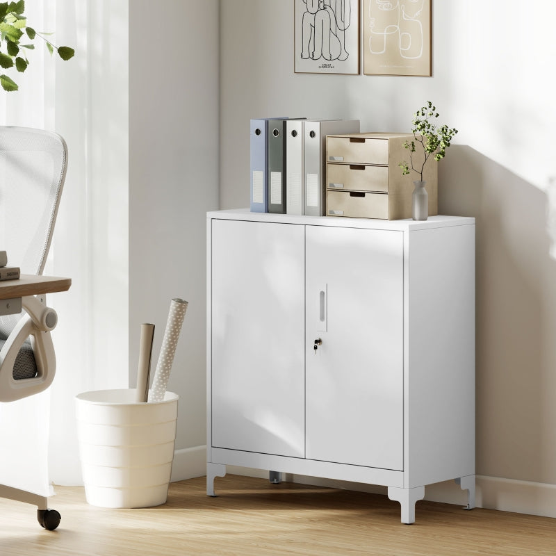 Metal Office Cabinet, Lockable Doors 2-Tier, White