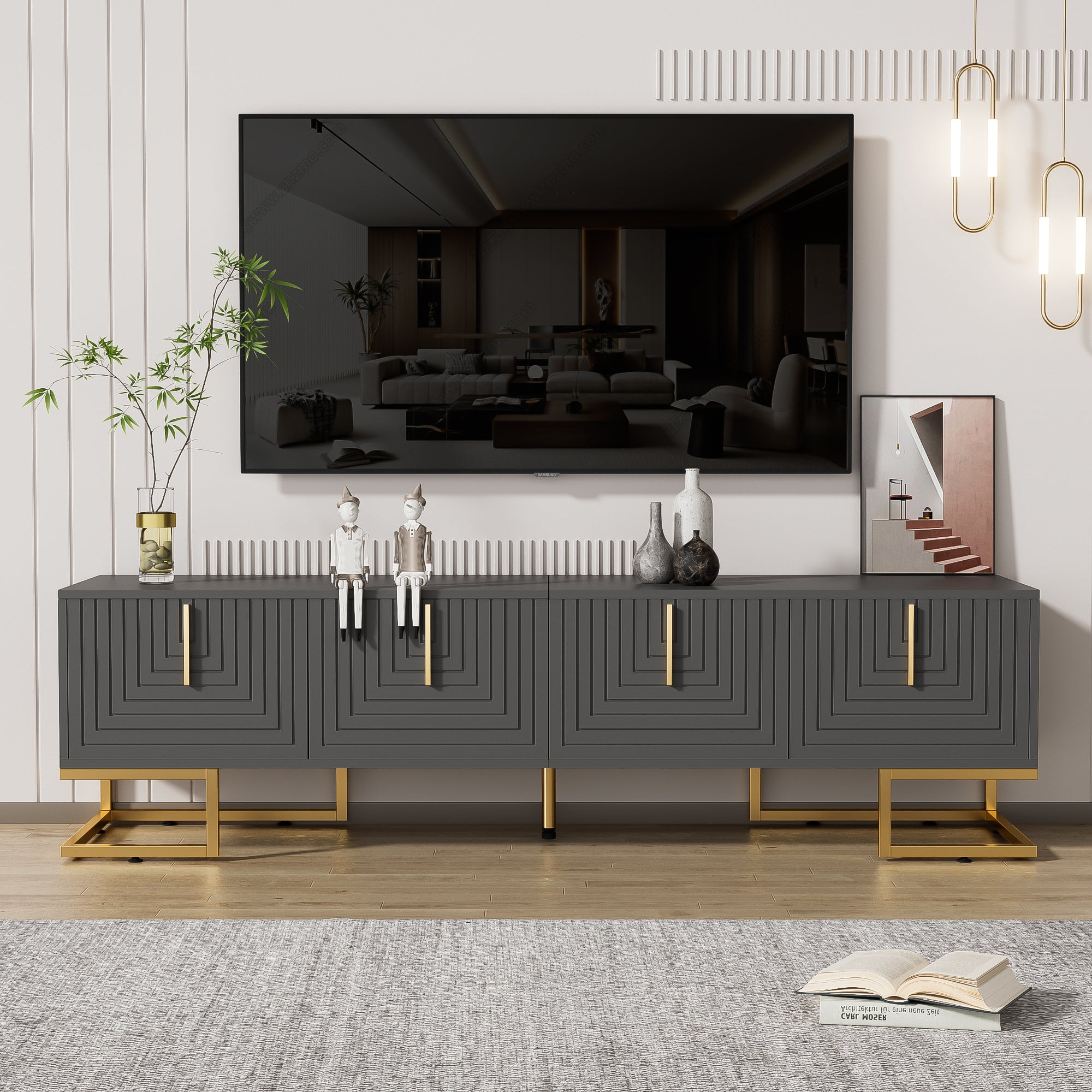 TV Cabinet Lowboard with Textured Door, Gold Handles and Feet