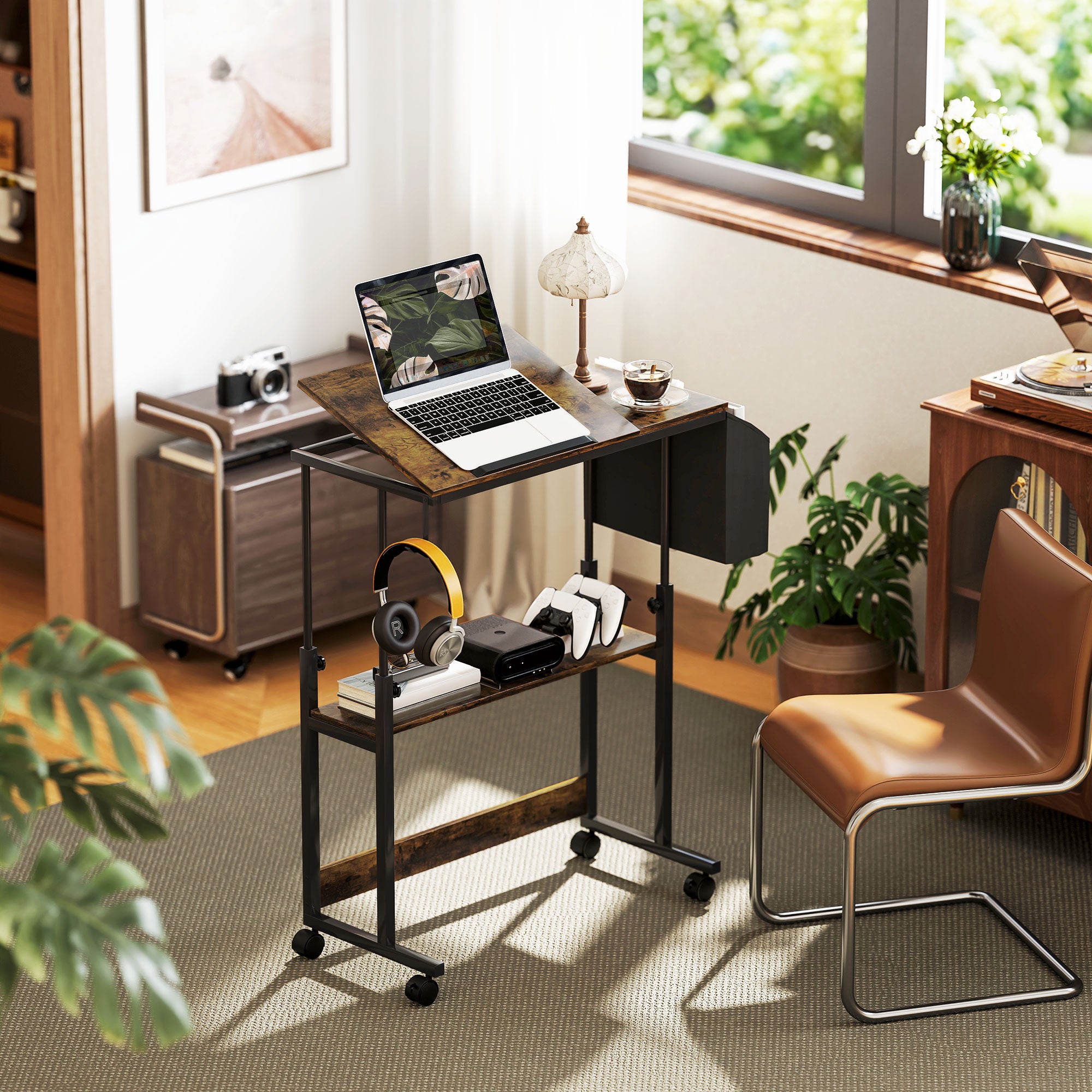 Height-Adjustable Desk, 92 x 40 cm, Tilting, Storage, Rustic Brown Steel