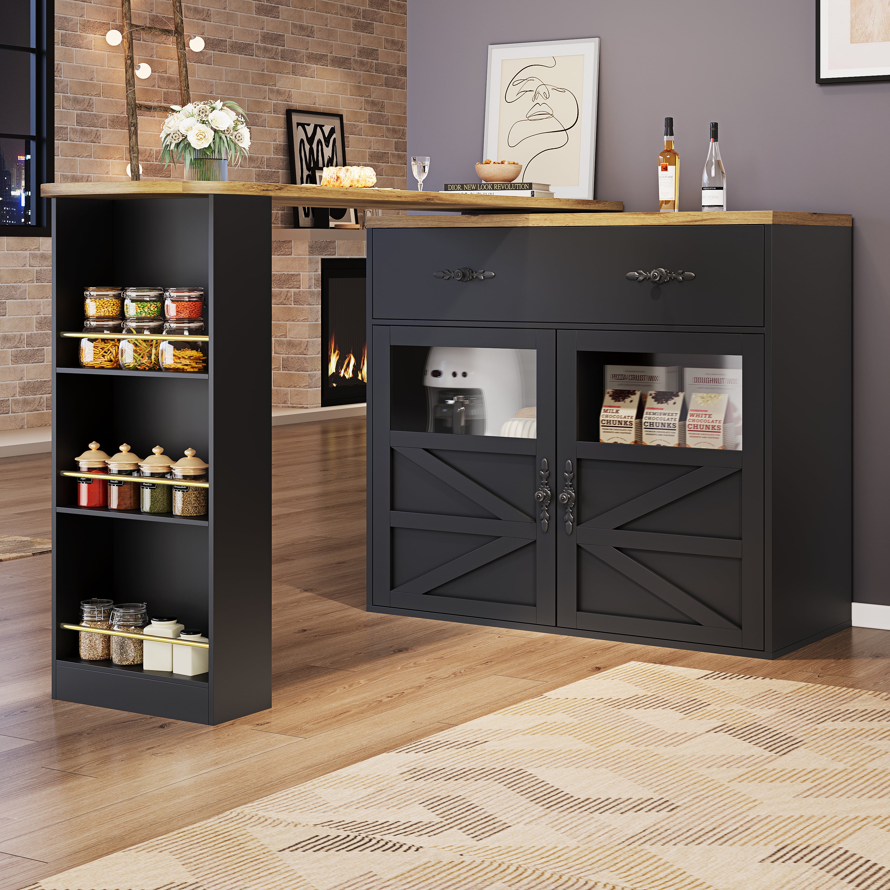 Bar Table Extendable 360° Rotating Storage Sideboard - Black