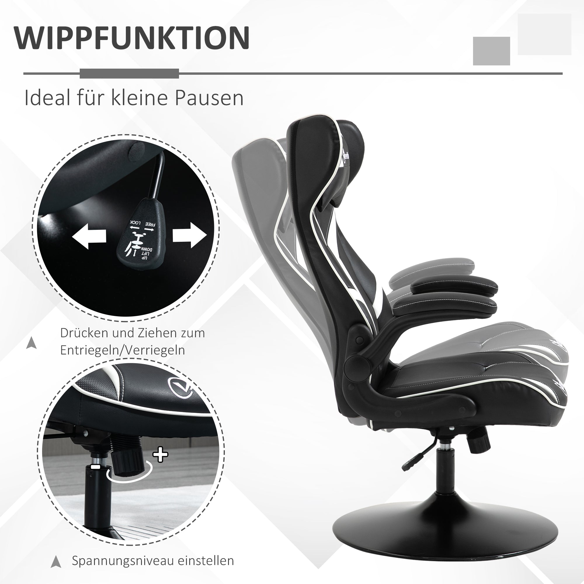 Vinsetto Gaming Chair ergonomic computer chair with rocking function, height adjustable steel black and white