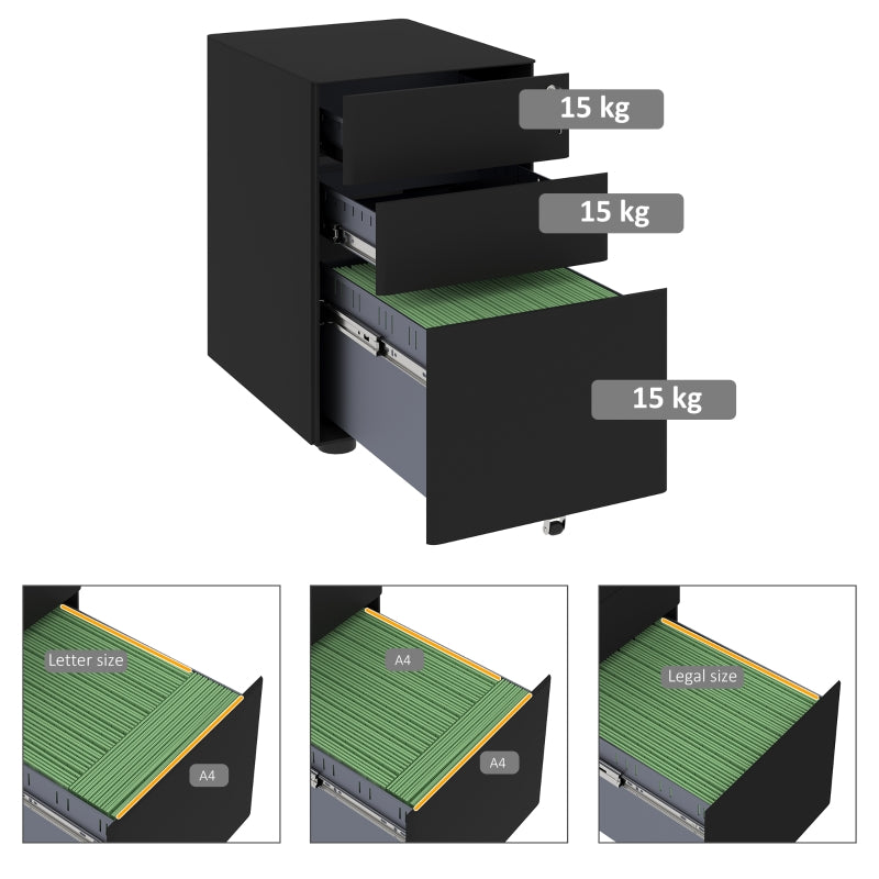 Lockable Cabinet, Rolling 3-Drawer Filing Unit for A4/Legal Files, Steel Black