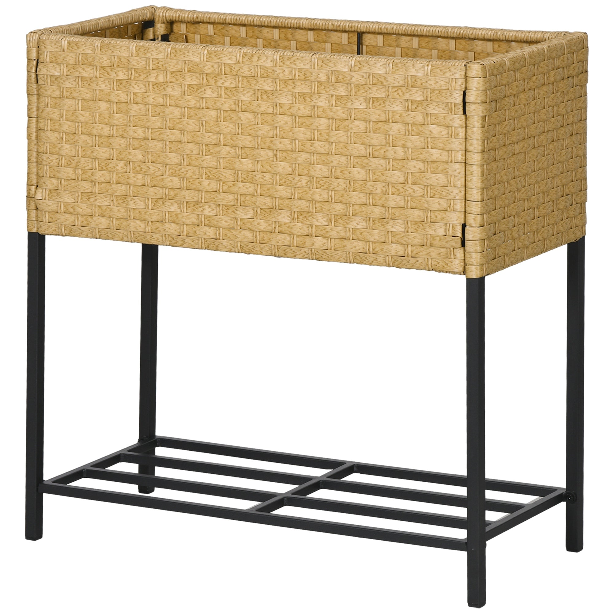 Raised Bed Flower Box, with Feet & Shelf, 70x30x72 cm, Poly Rattan, Sand-Colored