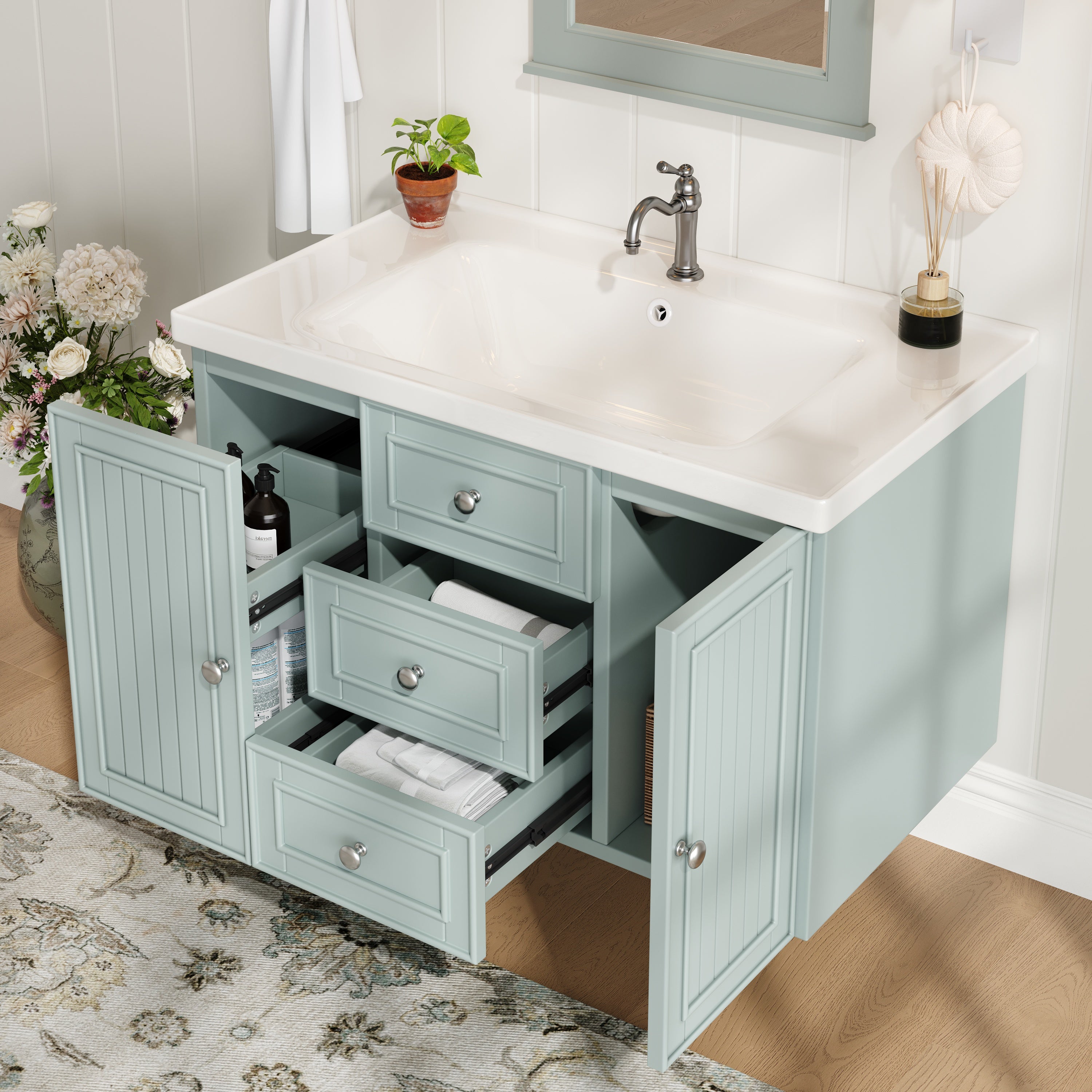 Wall-Mounted Vanity Unit with Sink & 3 Drawers 78.5x46.8cm - Green