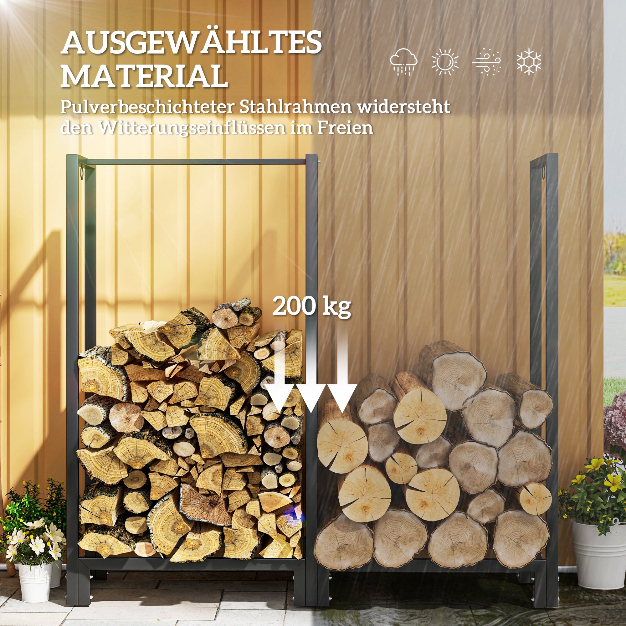 Firewood Rack with Two Sections, Three Hooks, 200 kg Load Capacity, Steel, Black