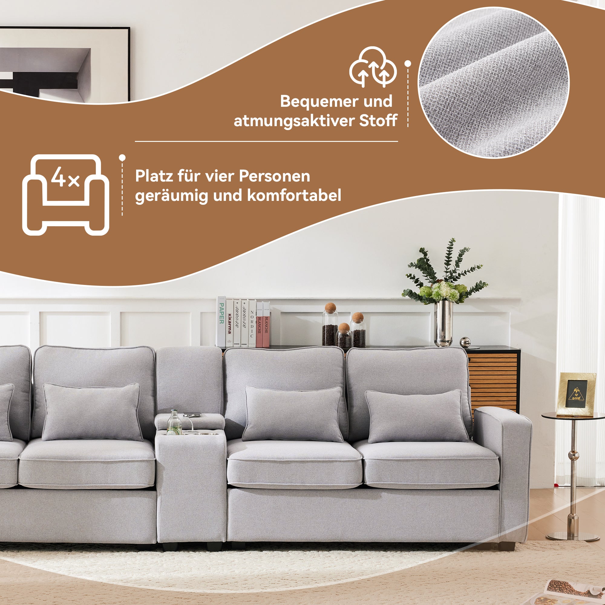 Sofa, 4-Seater with Console, Cupholders, USB, Linen Fabric
