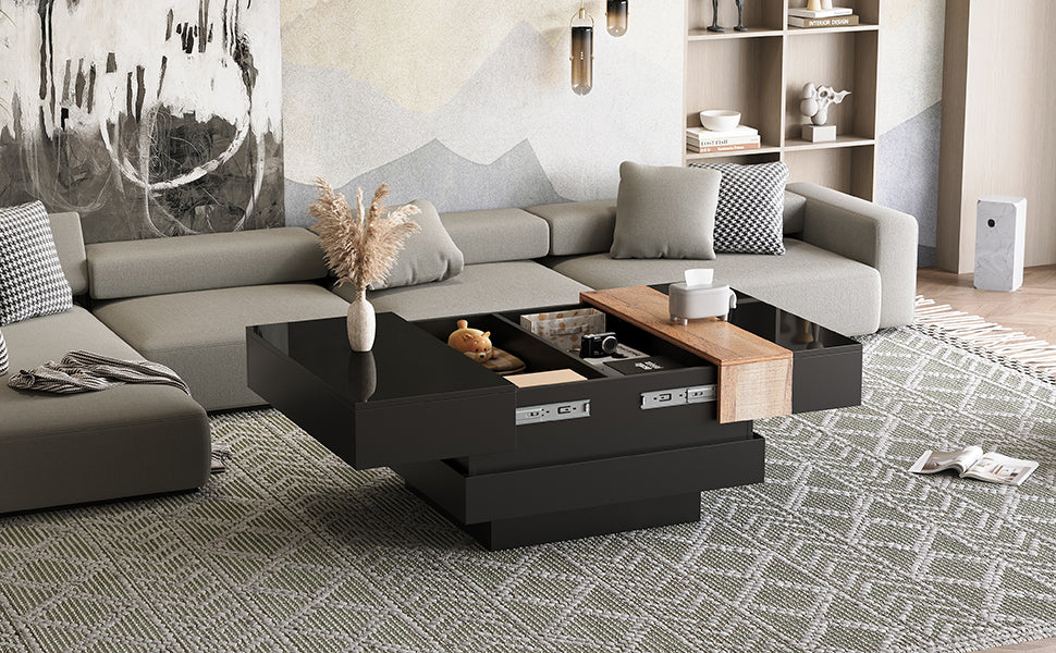 Extendable Coffee Table Hidden Storage High-Gloss - Black