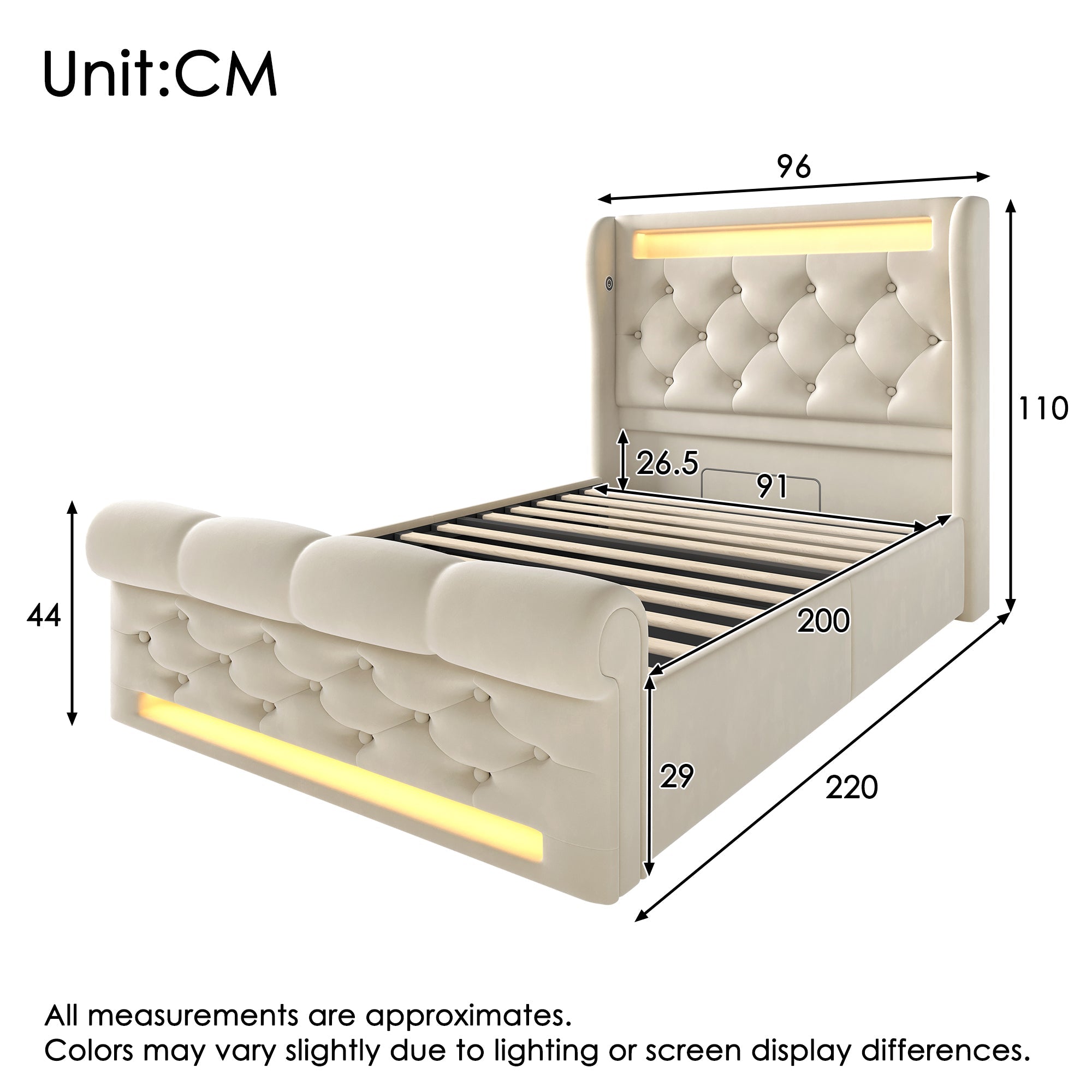 Modern Upholstered Single Bed 90x200cm, LED Lights, Storage Headboard with USB and Type-C, Hydraulic Storage, Beige Velvet