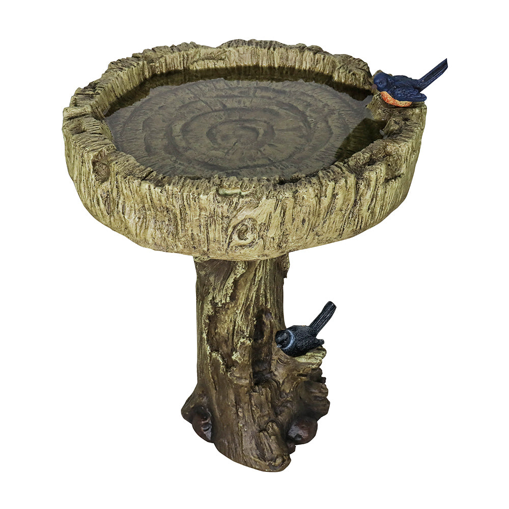 Birdbath concrete wood look with decorative artificial bird