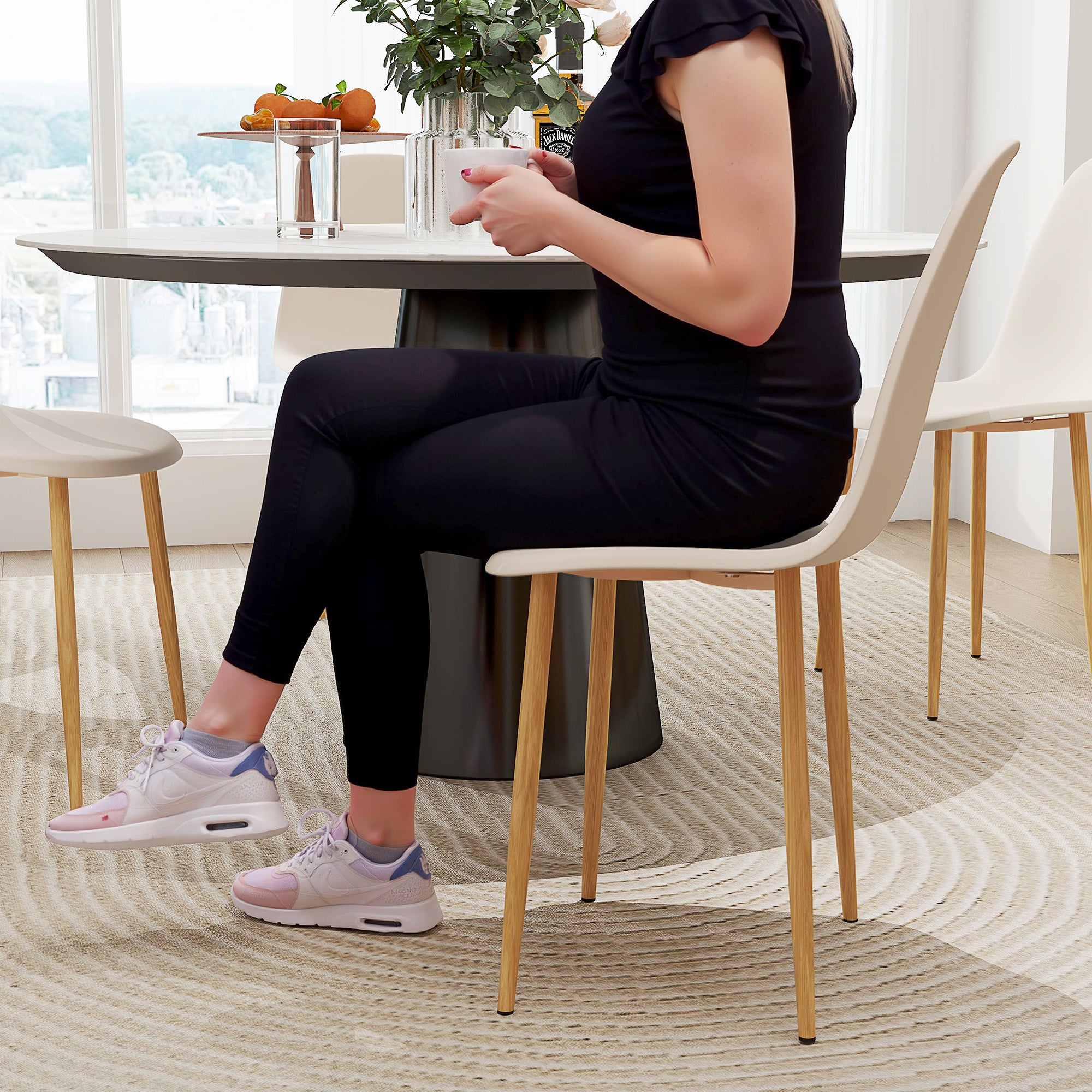 Modern Dining Chairs Set of 4, Backrest and Steel Legs, Khaki