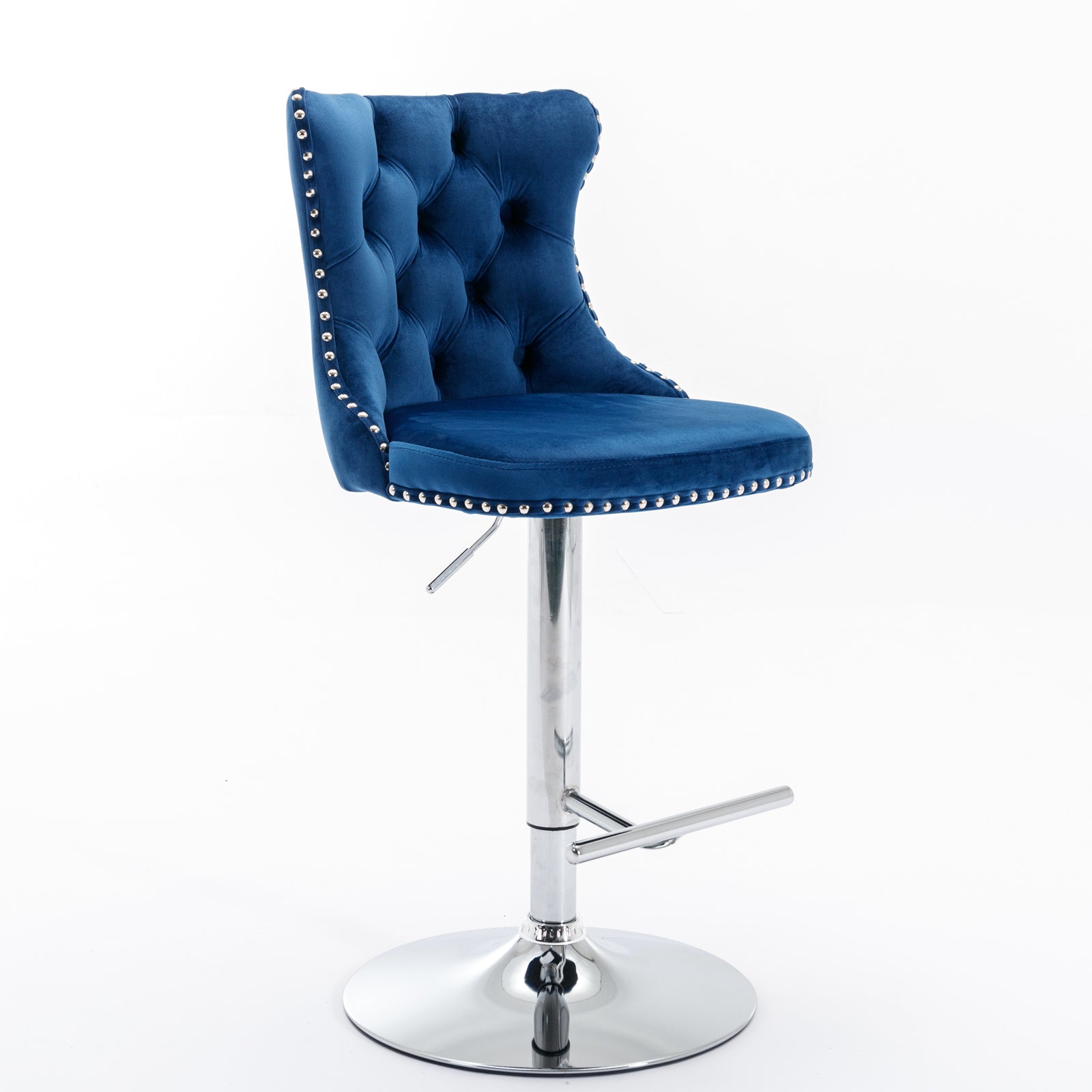 Swivel Barstools, Adjustable Height Chrome Base Comfortable Tufted, Set of 2, Blue Velvet