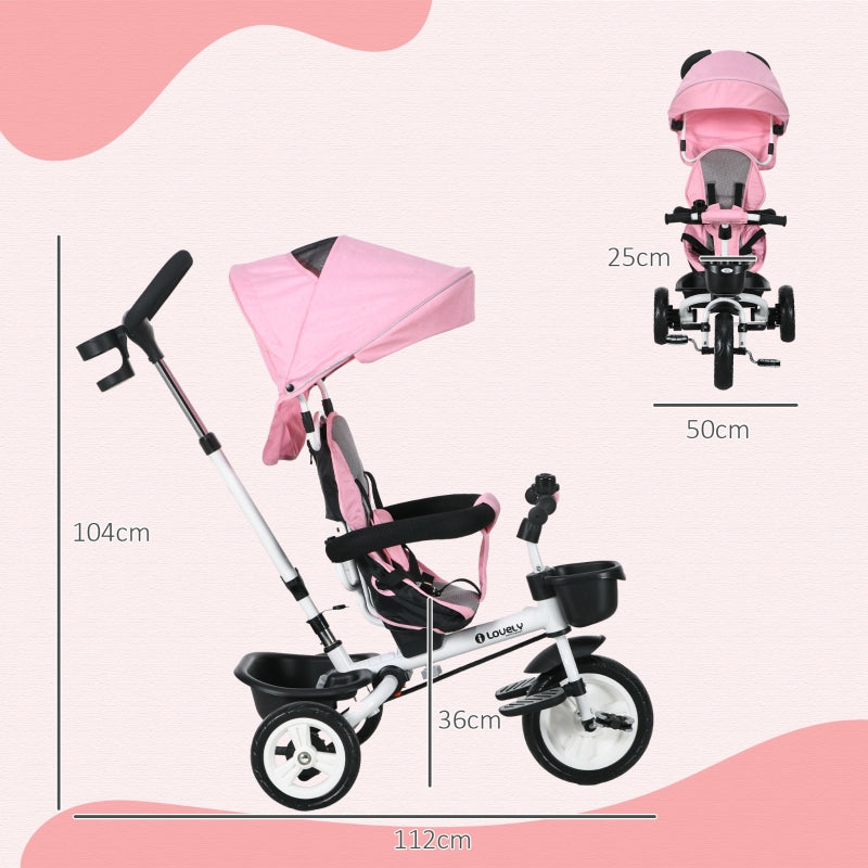 6-in-1 Children's Tricycle with Push Bar, Canopy and Storage Basket, Pink