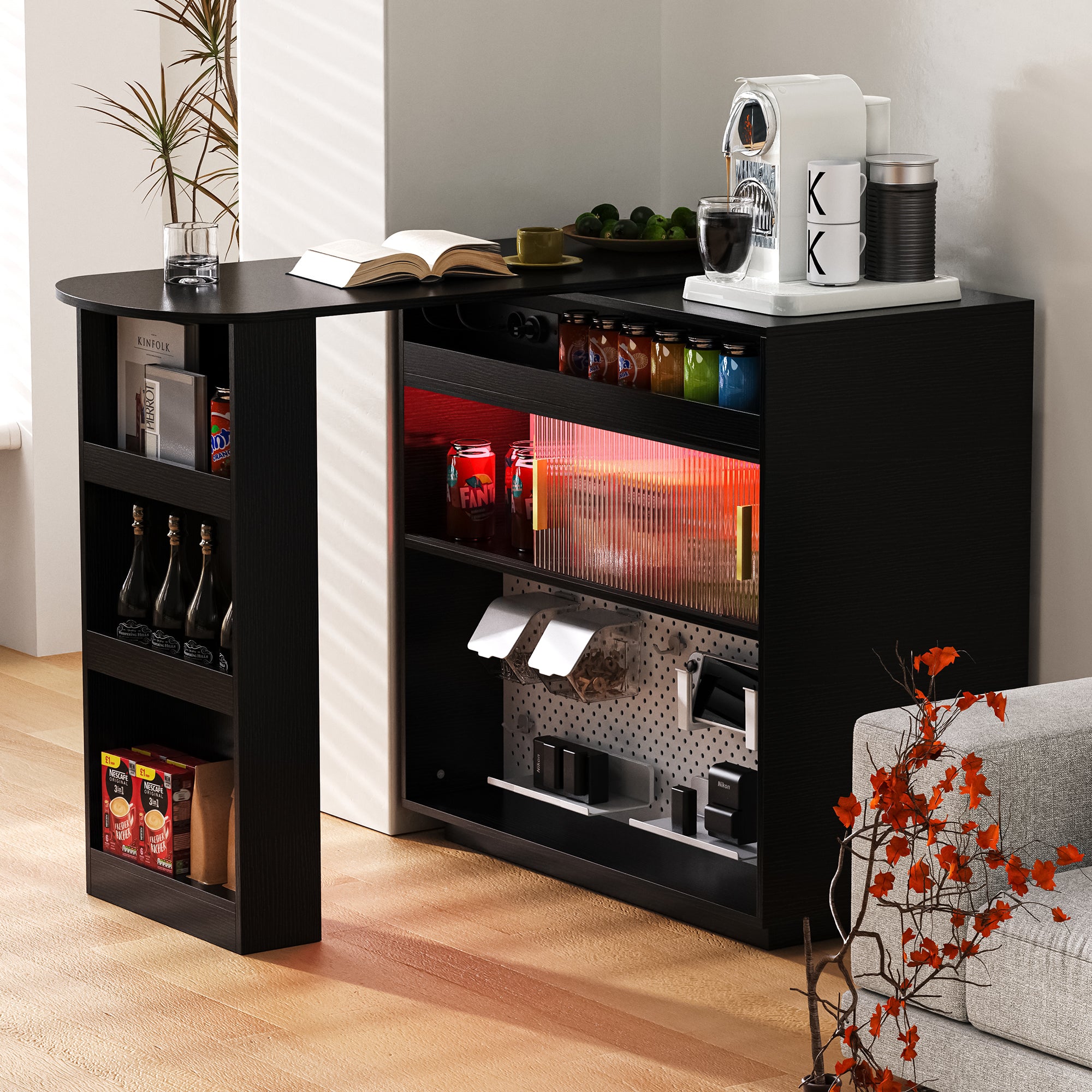 Bar Table Sideboard Extendable 360° Rotating with LED Lighting Sockets Black