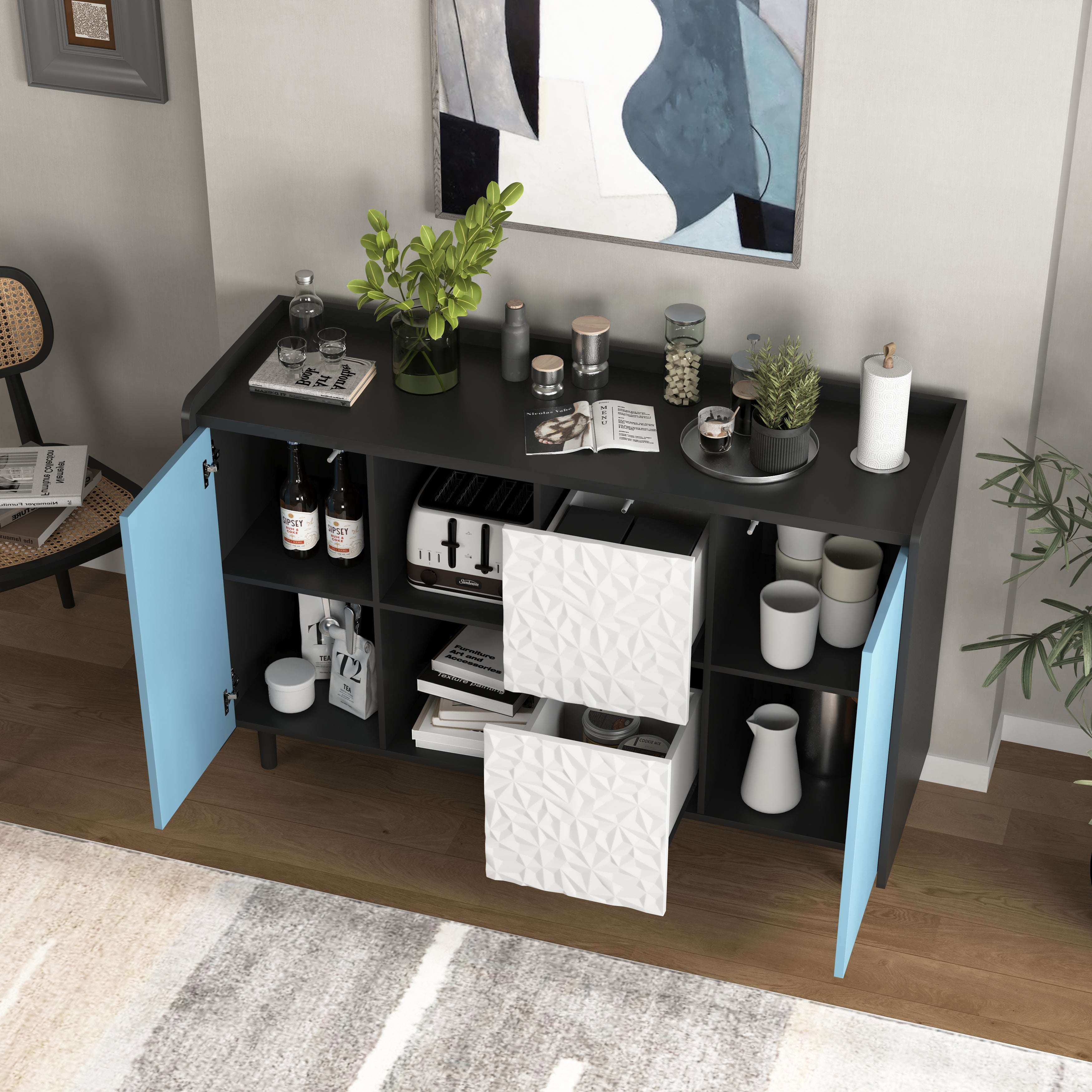 Sideboard Buffet Cabinet with Unique Panel Blue Doors, 2 Drawers Open Storage, Black