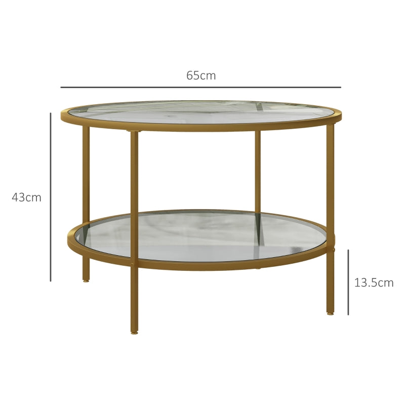 Round Coffee Table with 2-Tier Storage and Steel Frame, Tempered Glass Gold Tone