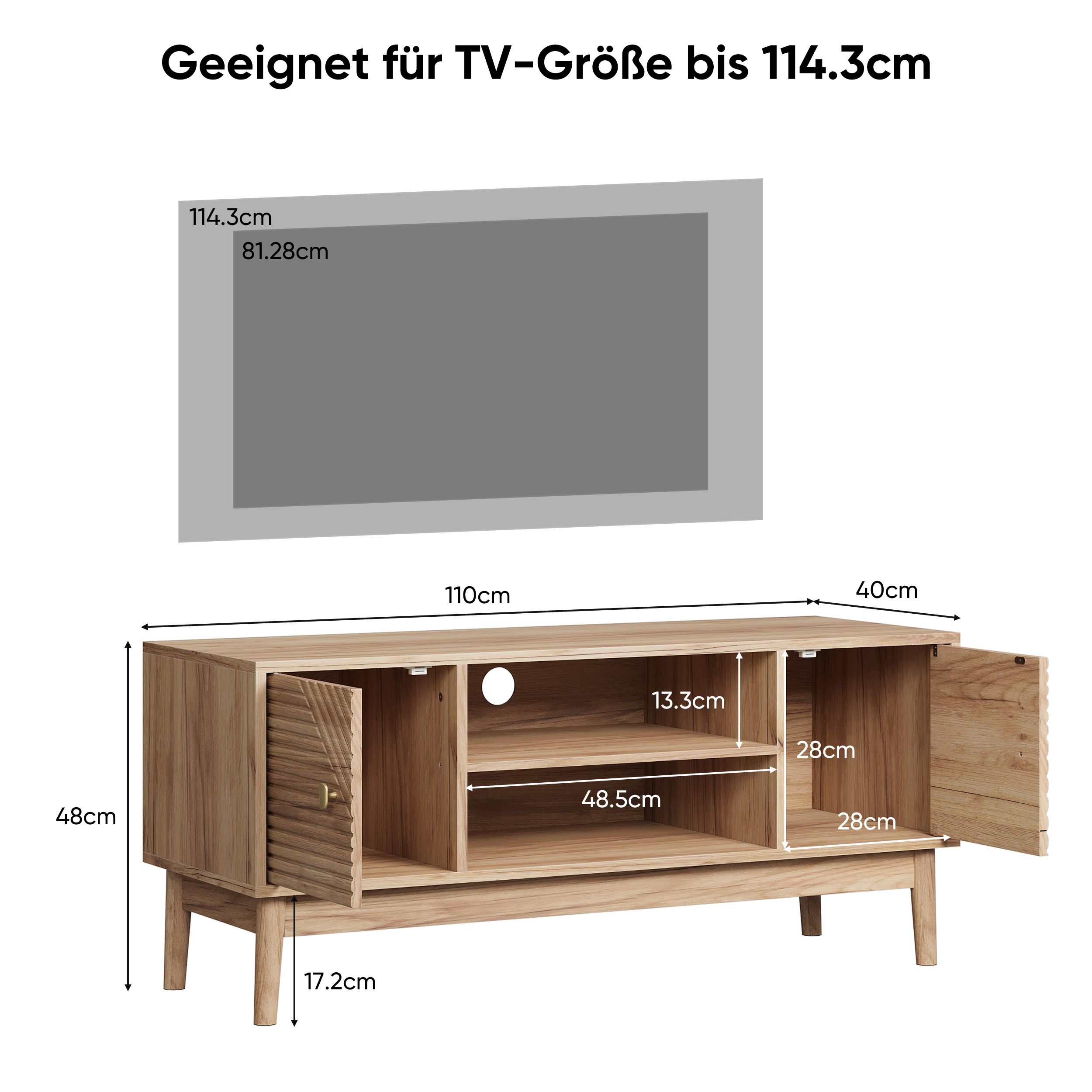 TV Stand 110cm High Mid-Century Modern Storage Media Console - Oak Color