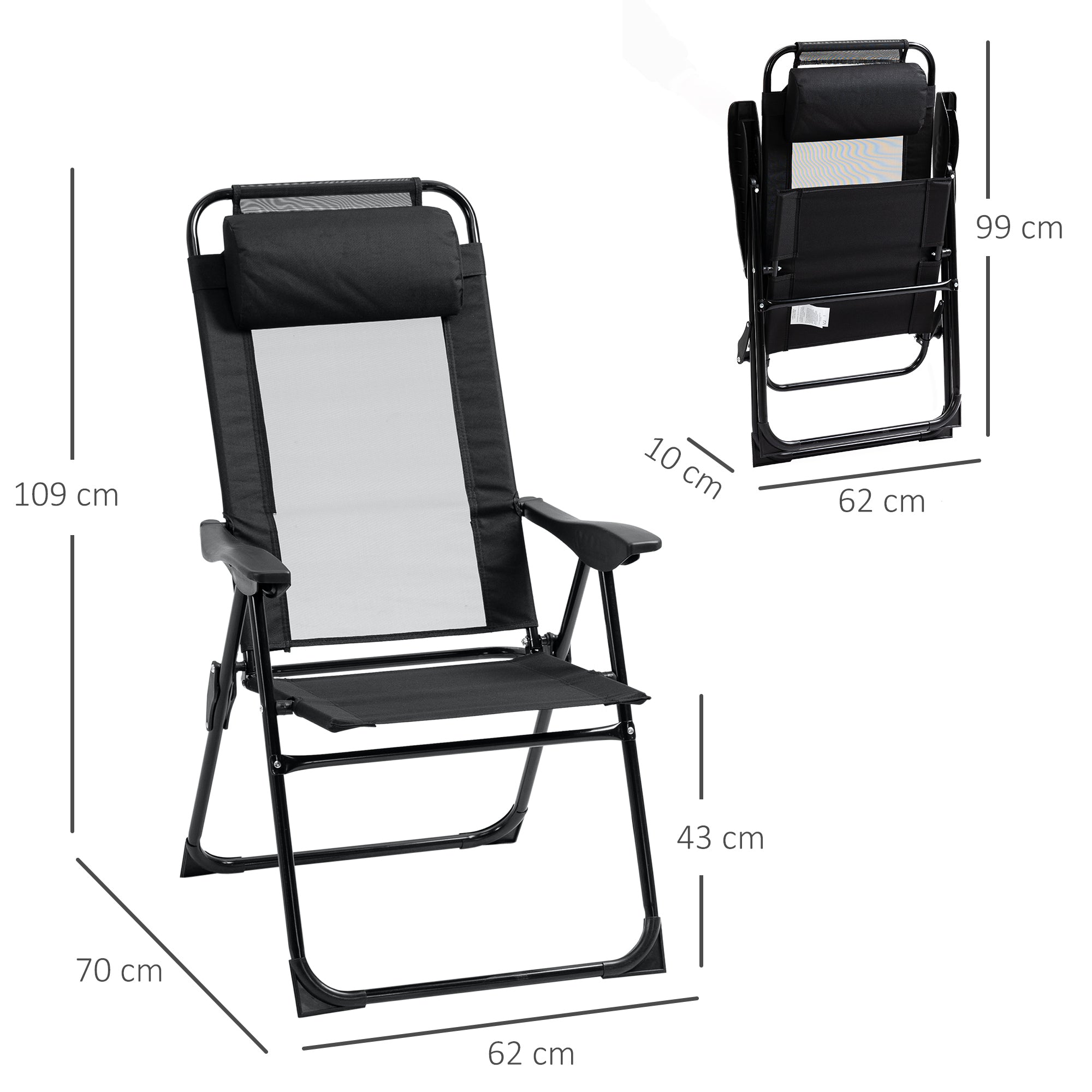 Set of 2 Folding Recliner Chaise Lounge Chairs, Adjustable Backrest, Black Mesh