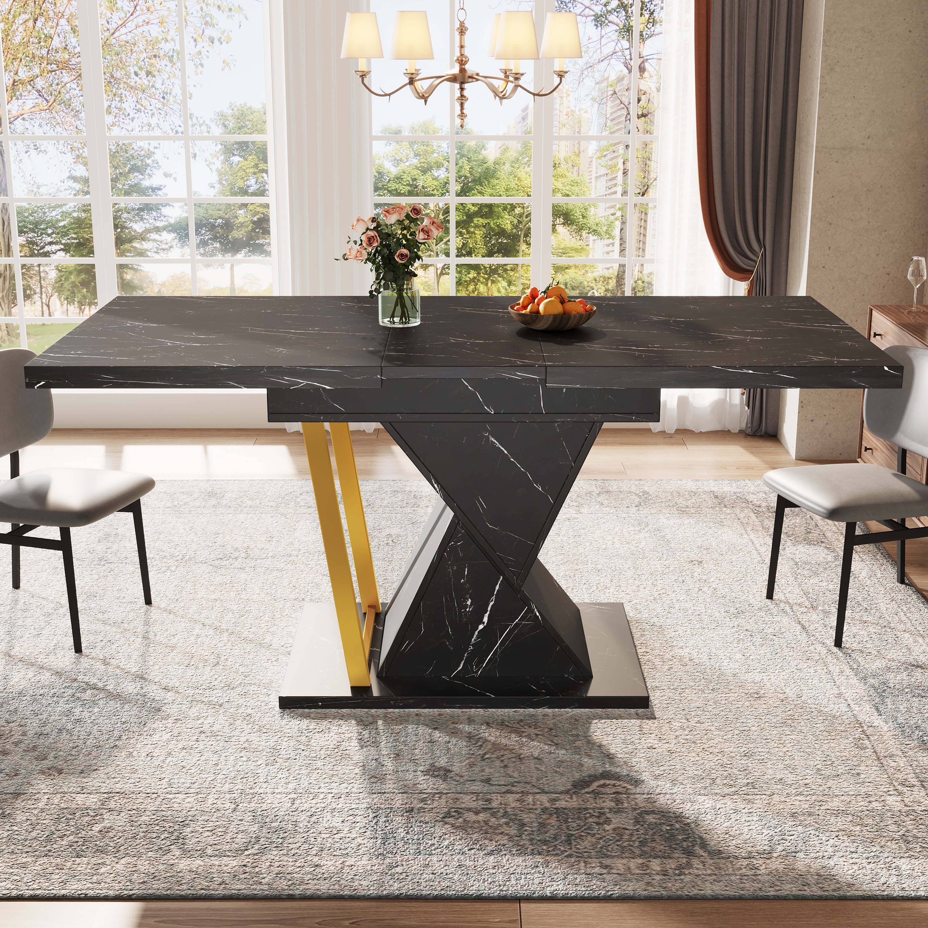 Extendable Dining Table 110-140x80cm 6 Seater Wood - Black