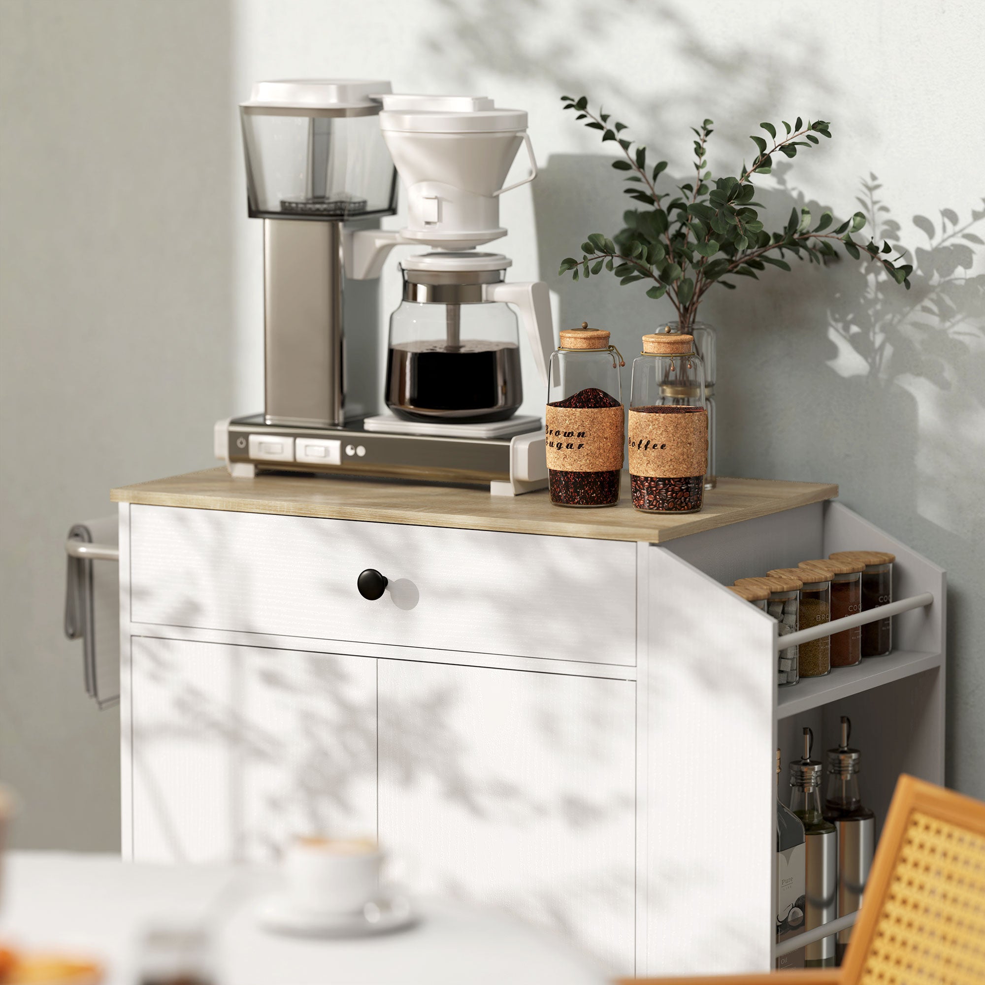 Kitchen Island Kitchen Trolley on Wheels with Worktop, Drawer, Cabinet, Spice Rack, Towel Rail, White