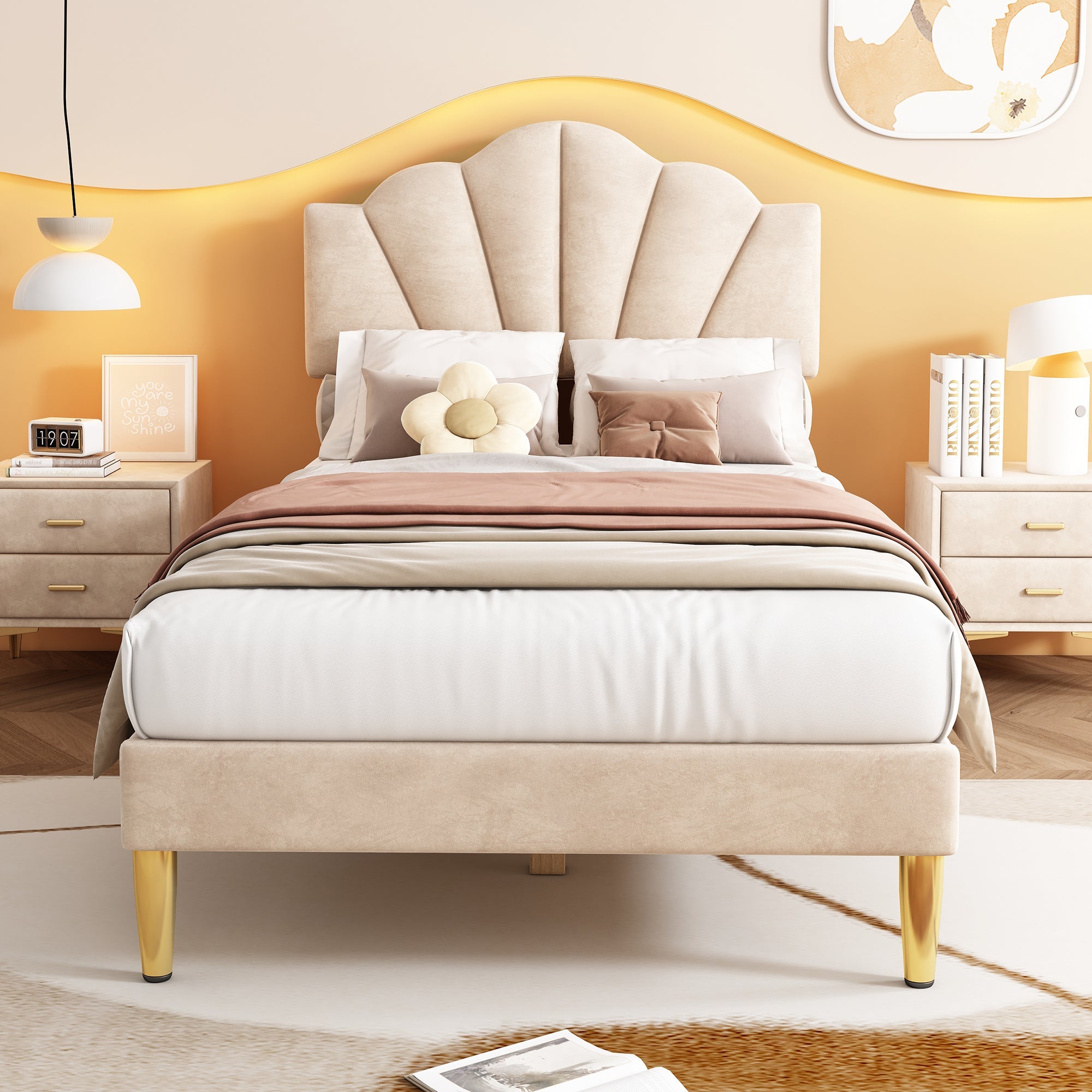 Velvet Upholstered Bed, Single Bed-3ft(90*190cm) with Shell-like Design, Golden Iron Legs, Height-Adjustable Headboard, Wooden Slatted Frame, Beige