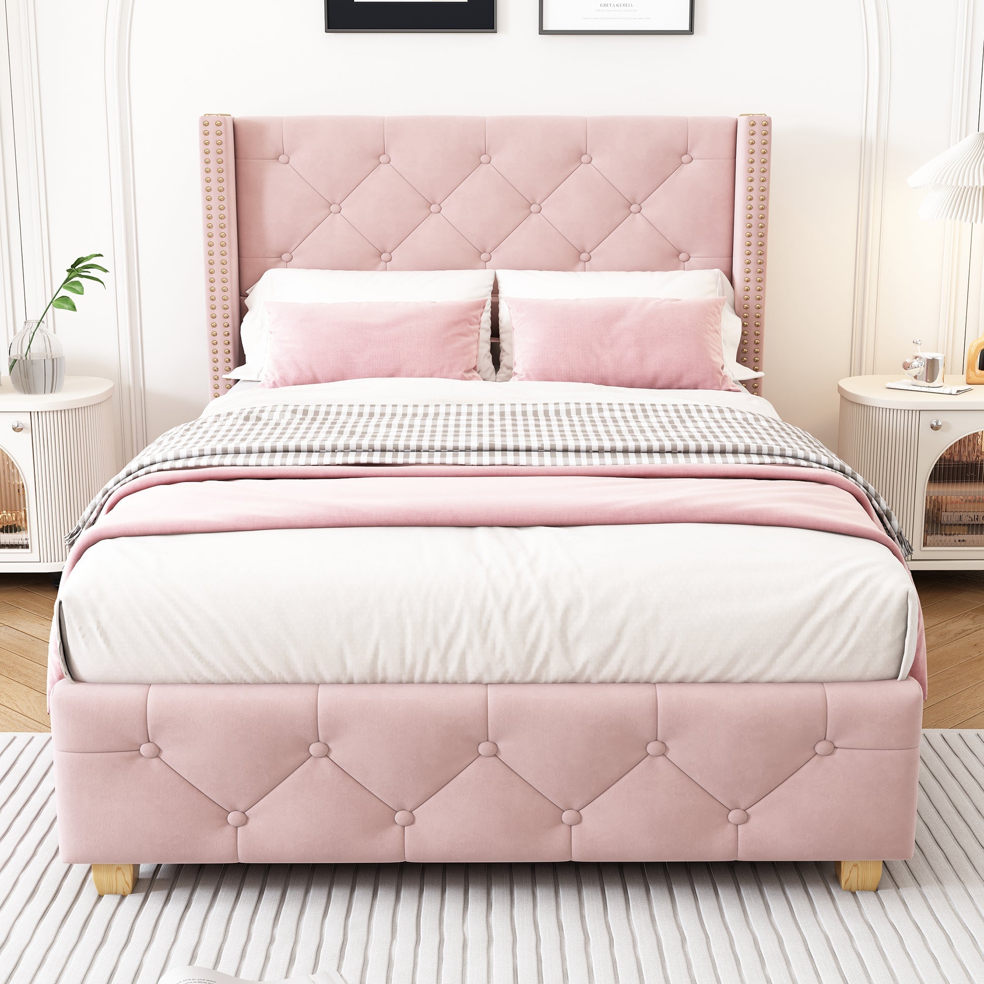 Upholstered Bed, Single Bed-3ft(90*190cm) with Slatted Frame and Headboard, Button Upholstery, Rivet Upholstery, Wooden Legs, Velvet, Pink