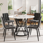5-Piece Dining Set Modern Round 100cm Marble Top, Grey Velvet & Black Metal