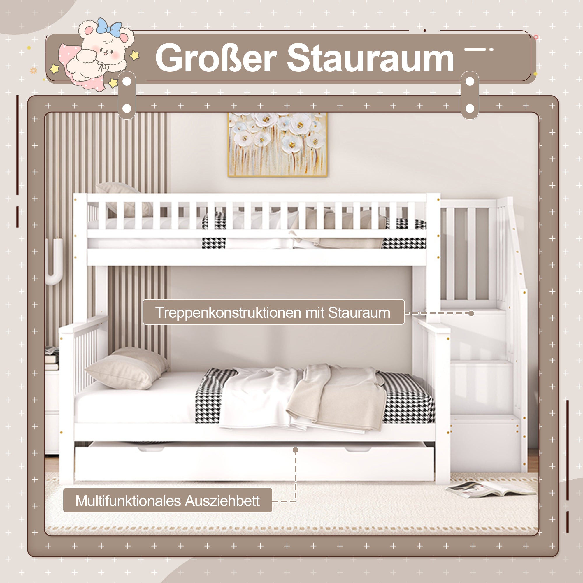 Bunk Bed 90x200/140x200cm with Storage Container & Stairs, Pine/White