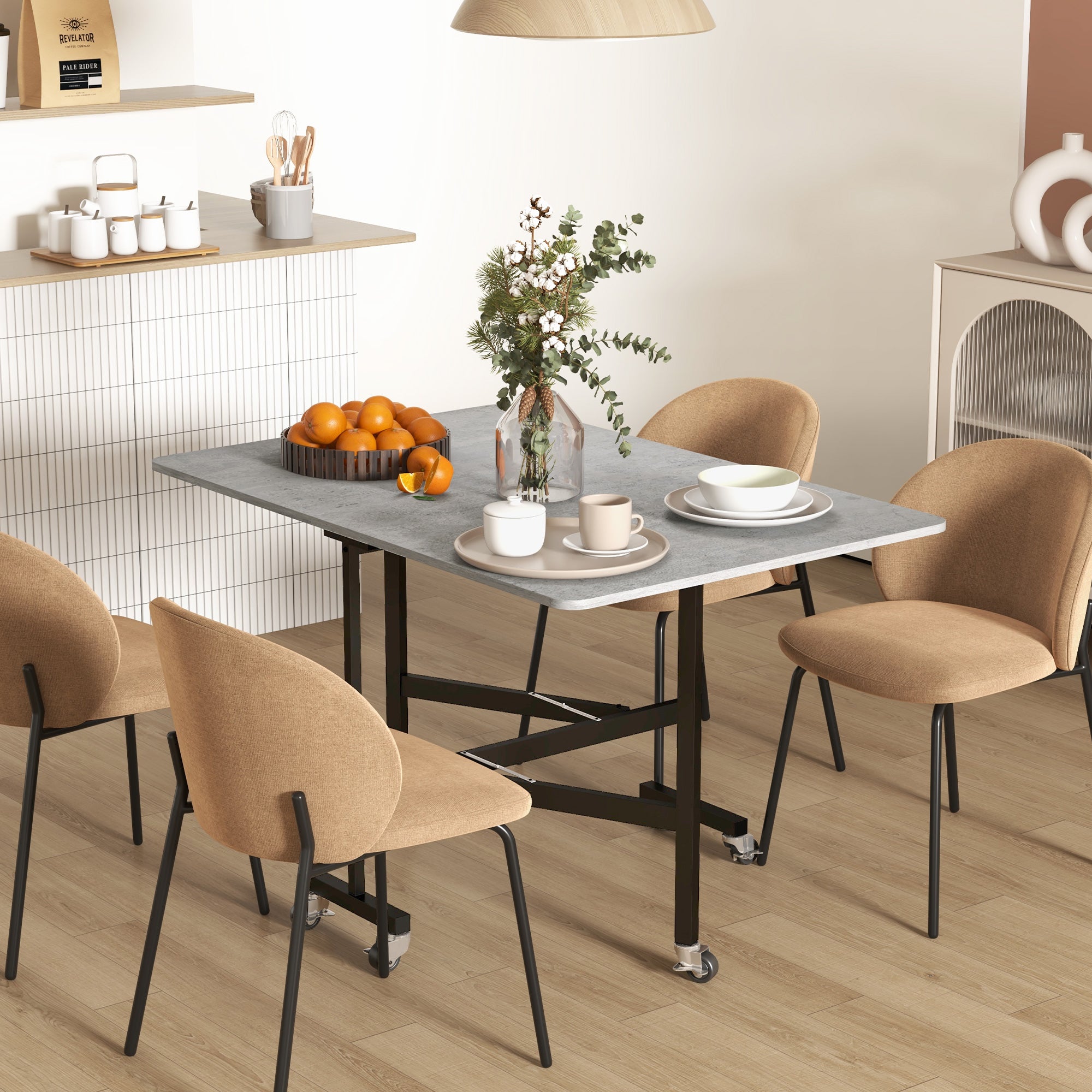 Folding Dining Table, Extendable 4-6 People Wheels Steel Legs