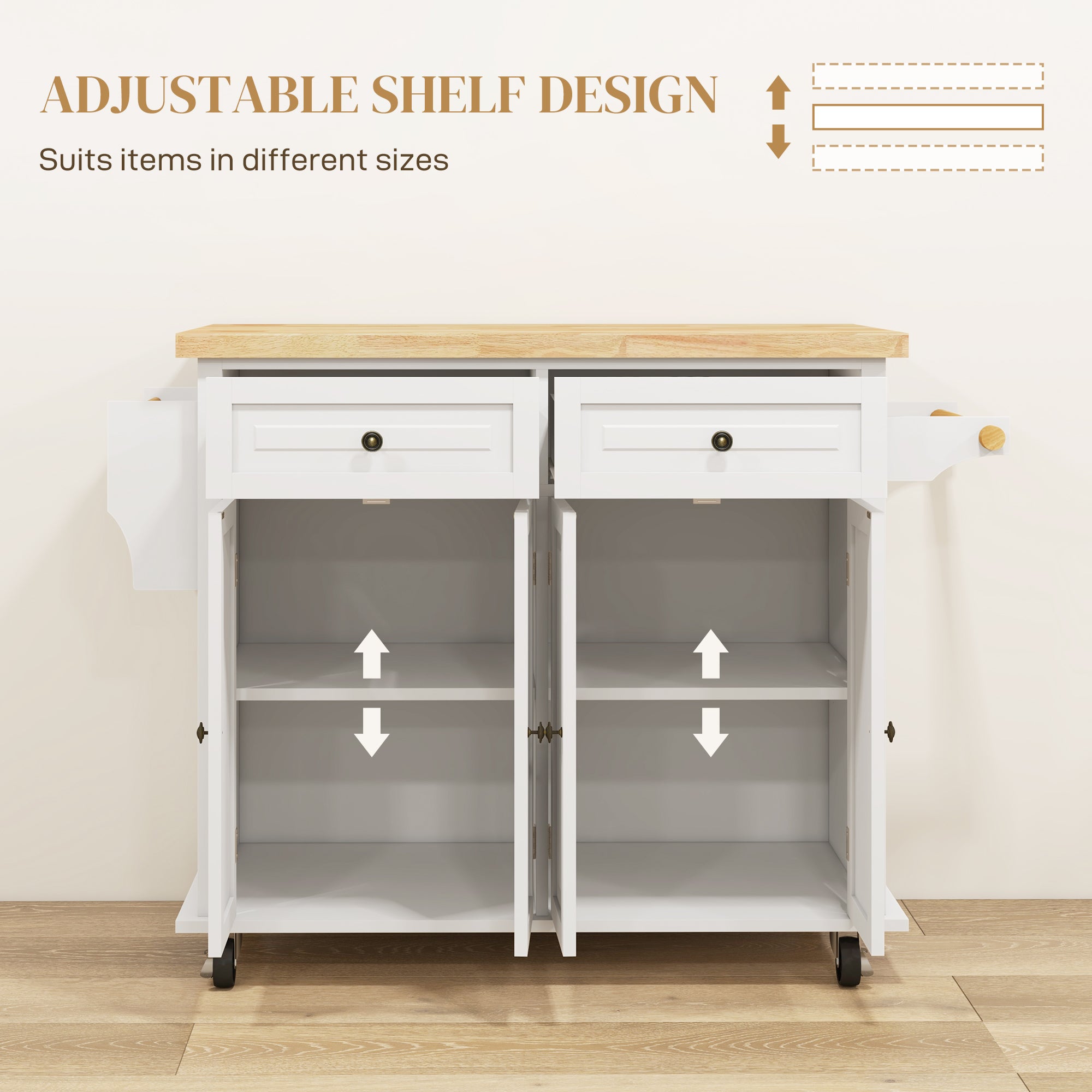 Rolling Kitchen Island Storage Trolley, Rubber Wood Top & Drawers, Cream White