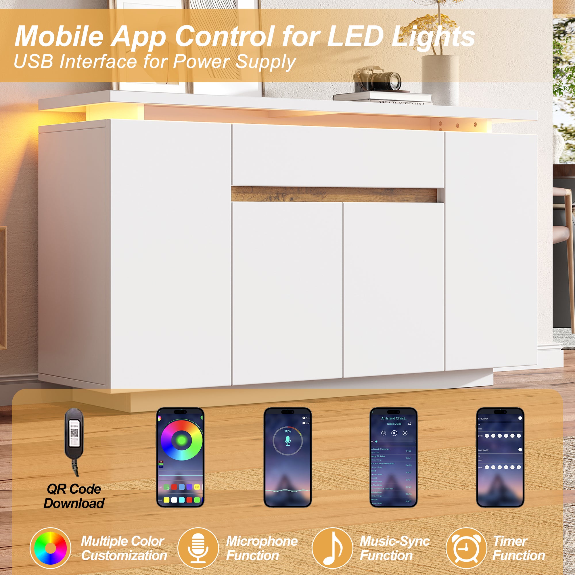 Sideboard Chest of Drawers LED Lighting 1 Drawer 4 Door Storage White