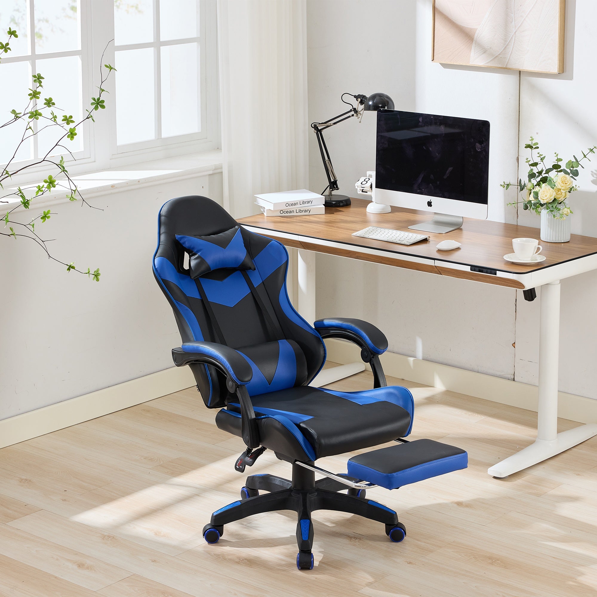 Gaming Chair Ergonomic Racing High-Back with Footrest Headrest Lumbar Support - Black & Blue Leather