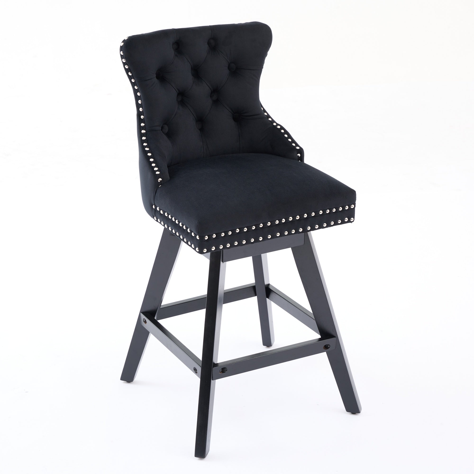 Swivel Velvet Barstools Button Tufted Wooden Legs Set of 2 - Black