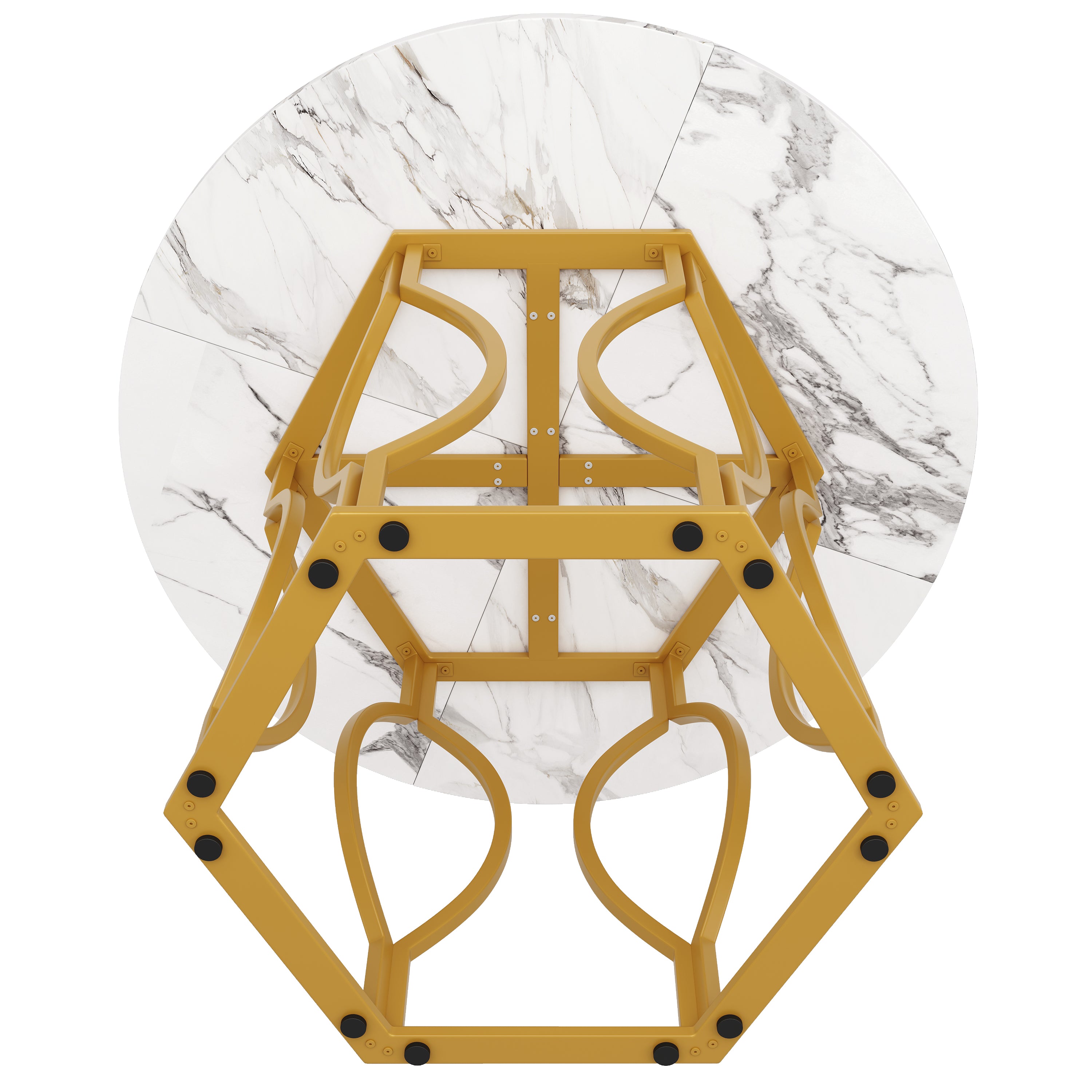 Round Dining Table (100x100x76cm), 4-Seater, Metal Legs, MDF Marbled Tabletop, Golden Legs