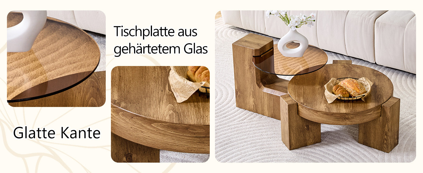 Separable Coffee Table Set MDF Wood Look Safety Glass - Brown Tinted