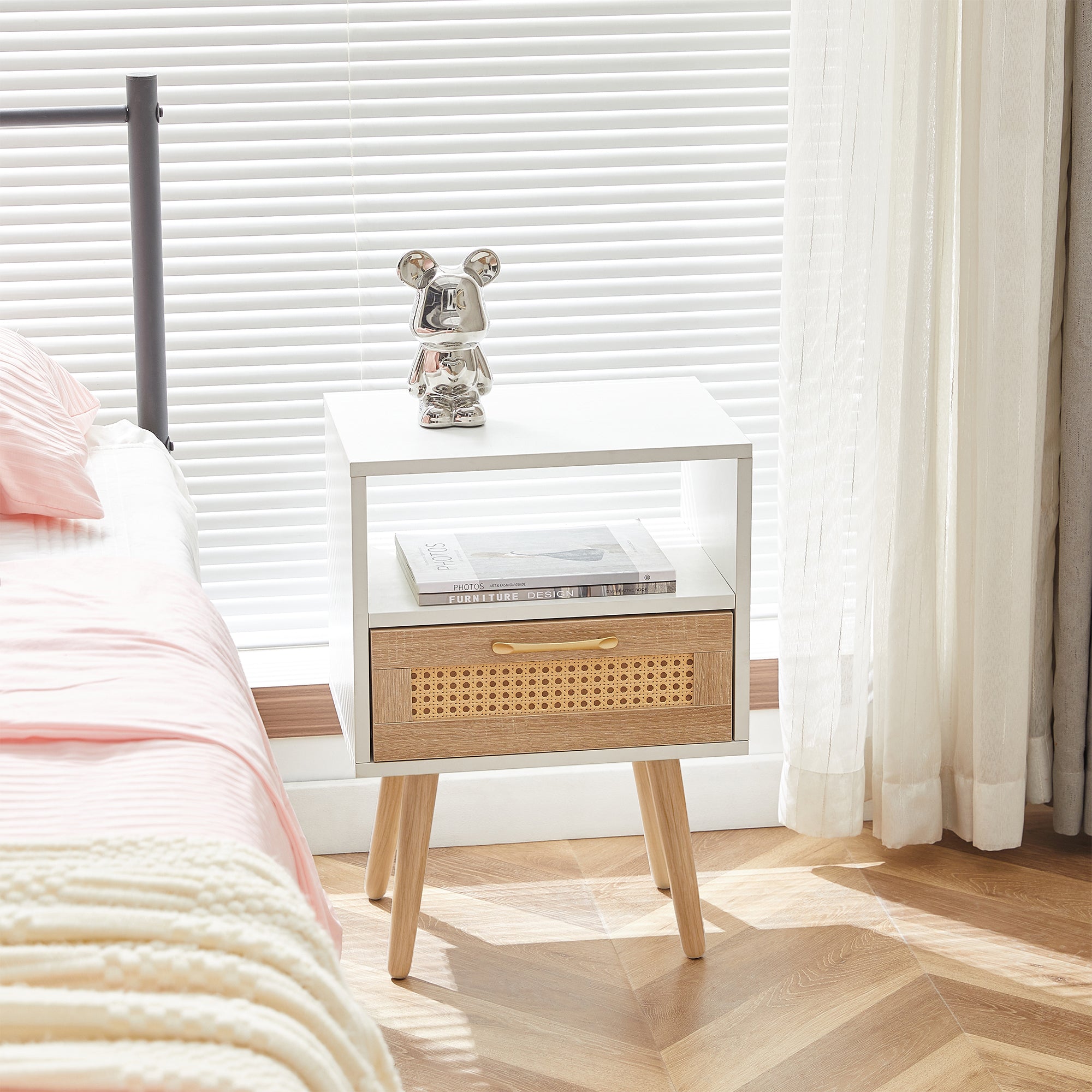 Rattan Side Table with Drawer and Solid Wood Legs, White