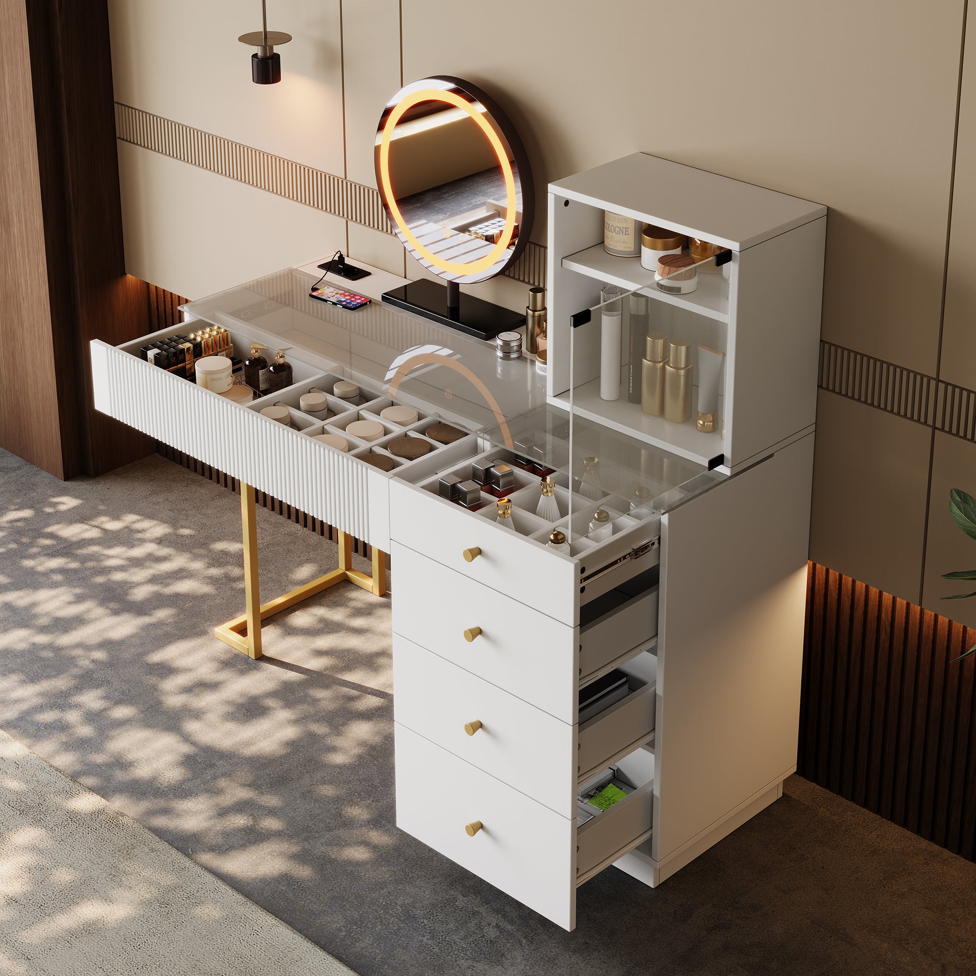 Dressing Table Set with LED Mirror and Glass Top, White