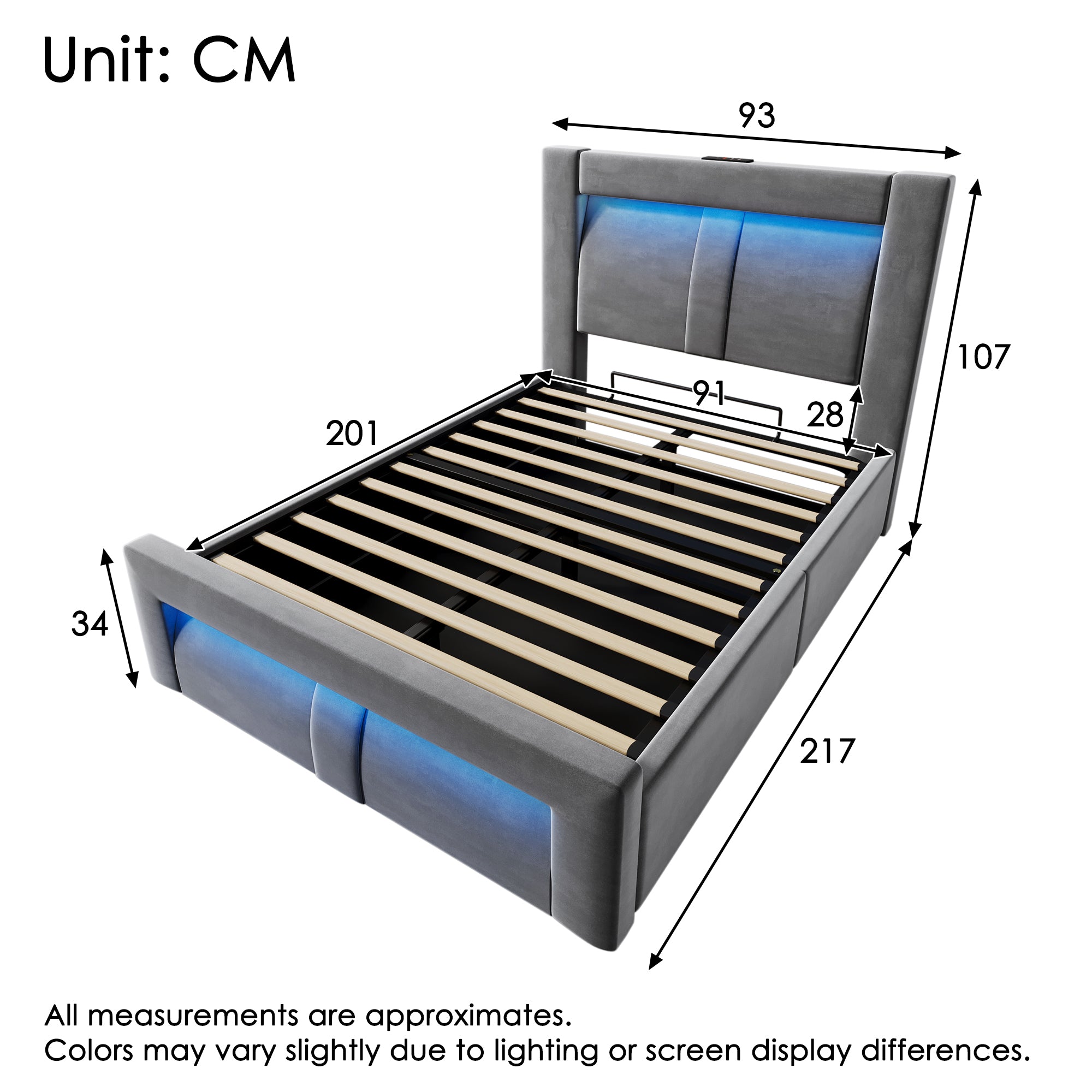 Single Bed 90x200cm Hydraulic Storage LED App USB/Type-C Velvet Grey