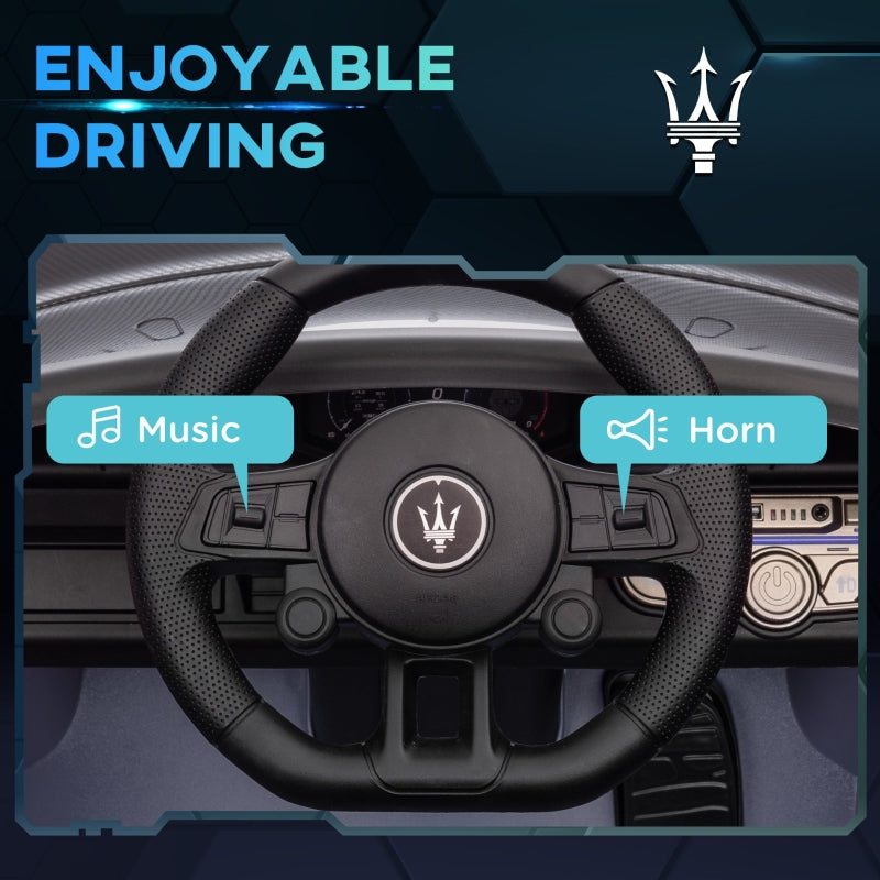 Maserati GT2 Licensed 12V Electric Ride On Car with Suspension Wheels, Remote Control, Music, Horn, Lights, Grey