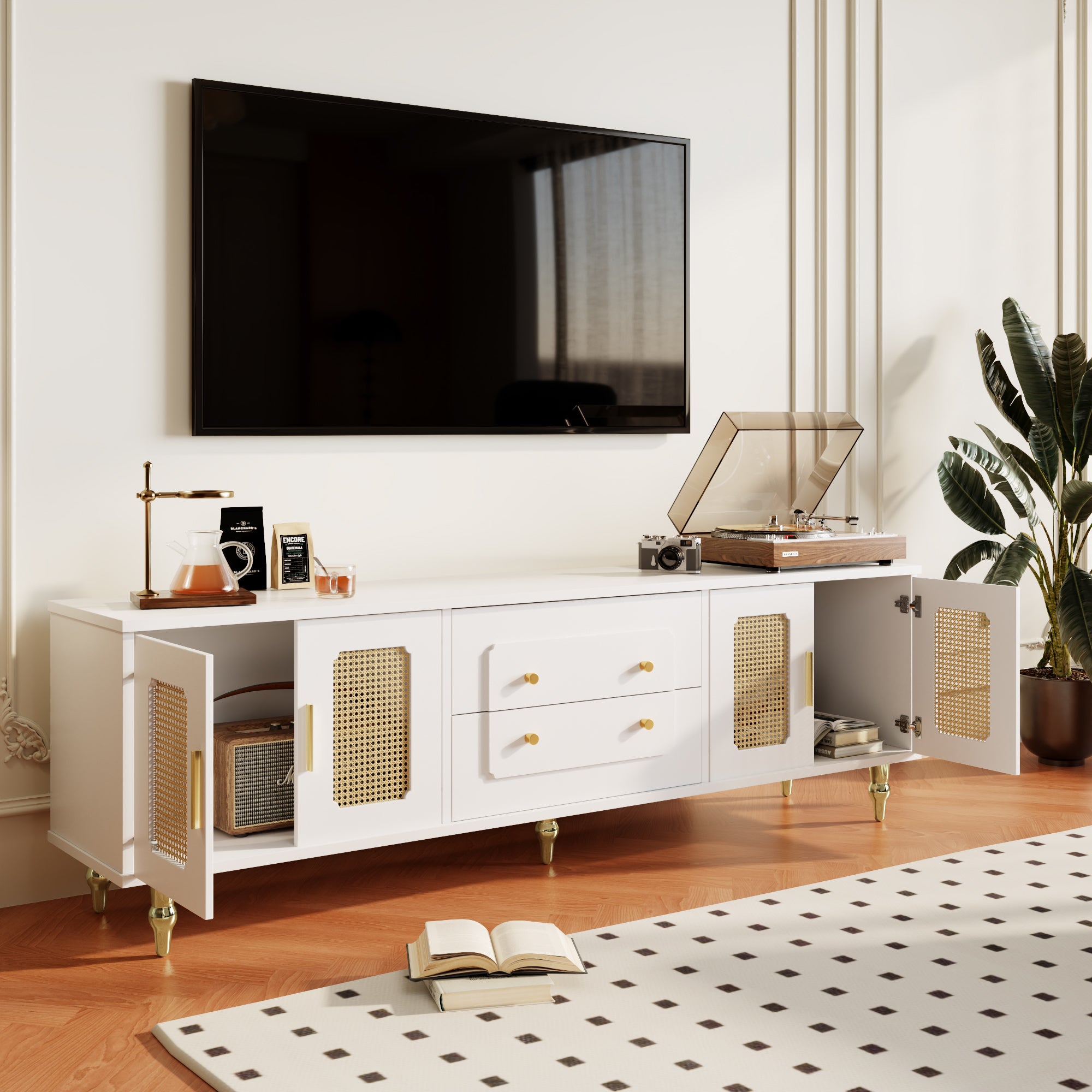TV Cabinet, Retro Lowboard with Rattan Door & Gold Handles, Metal Legs