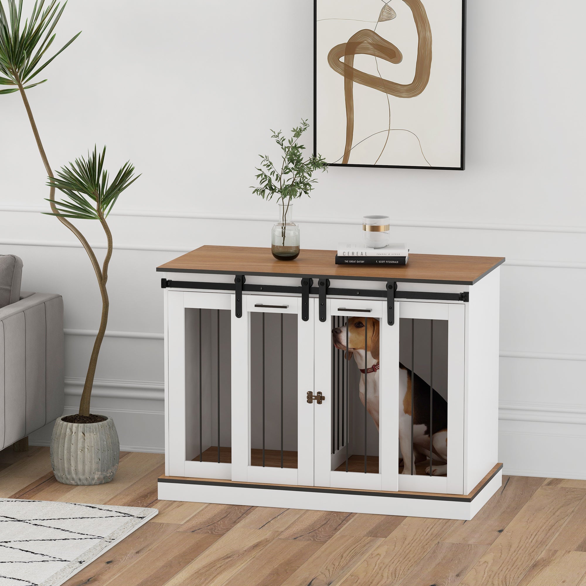 Dog Cage, 2 Room Option, Double Doors, White