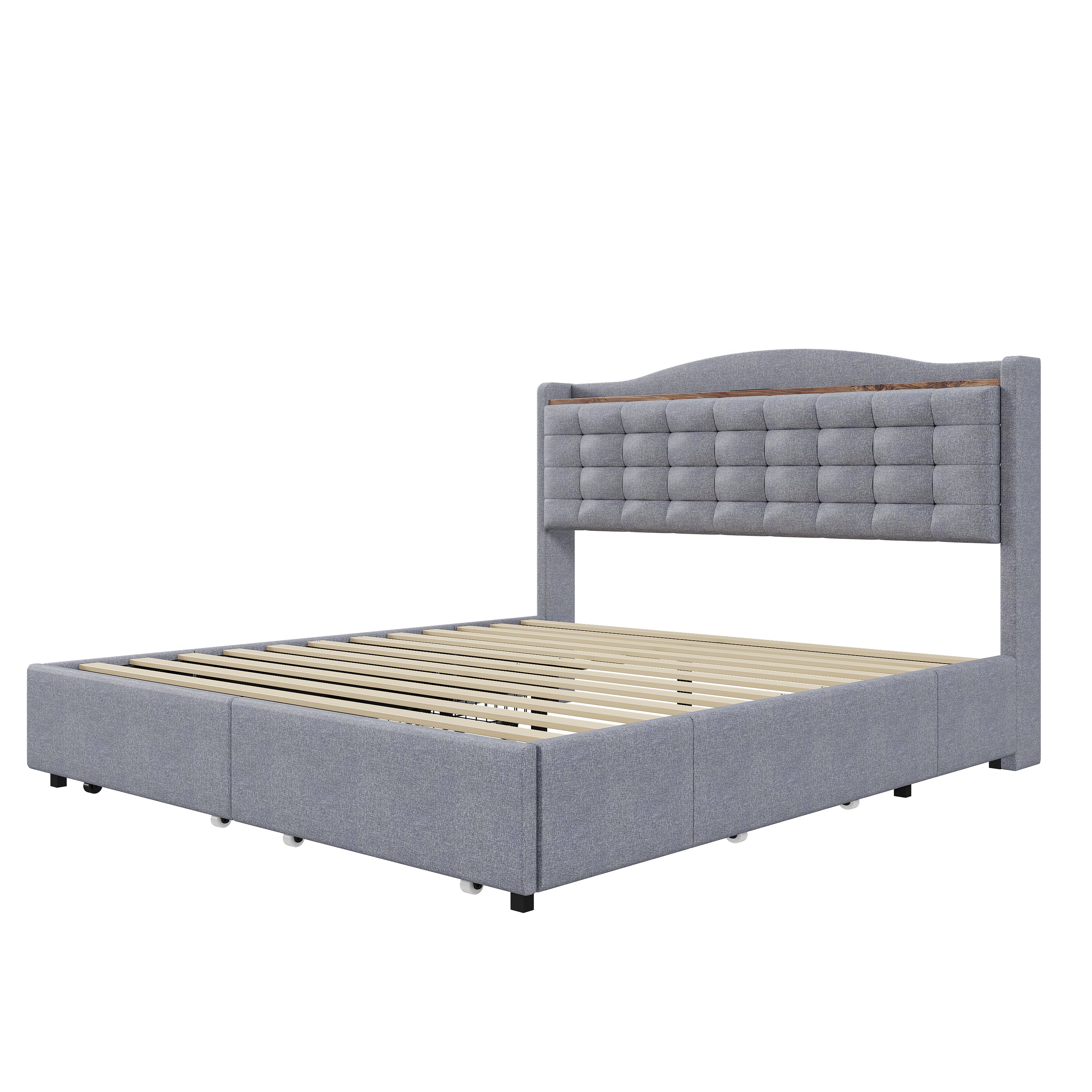 Upholstered Bed 160x200cm, USB Charging, 4-Drawer, Linen Fabric Gray