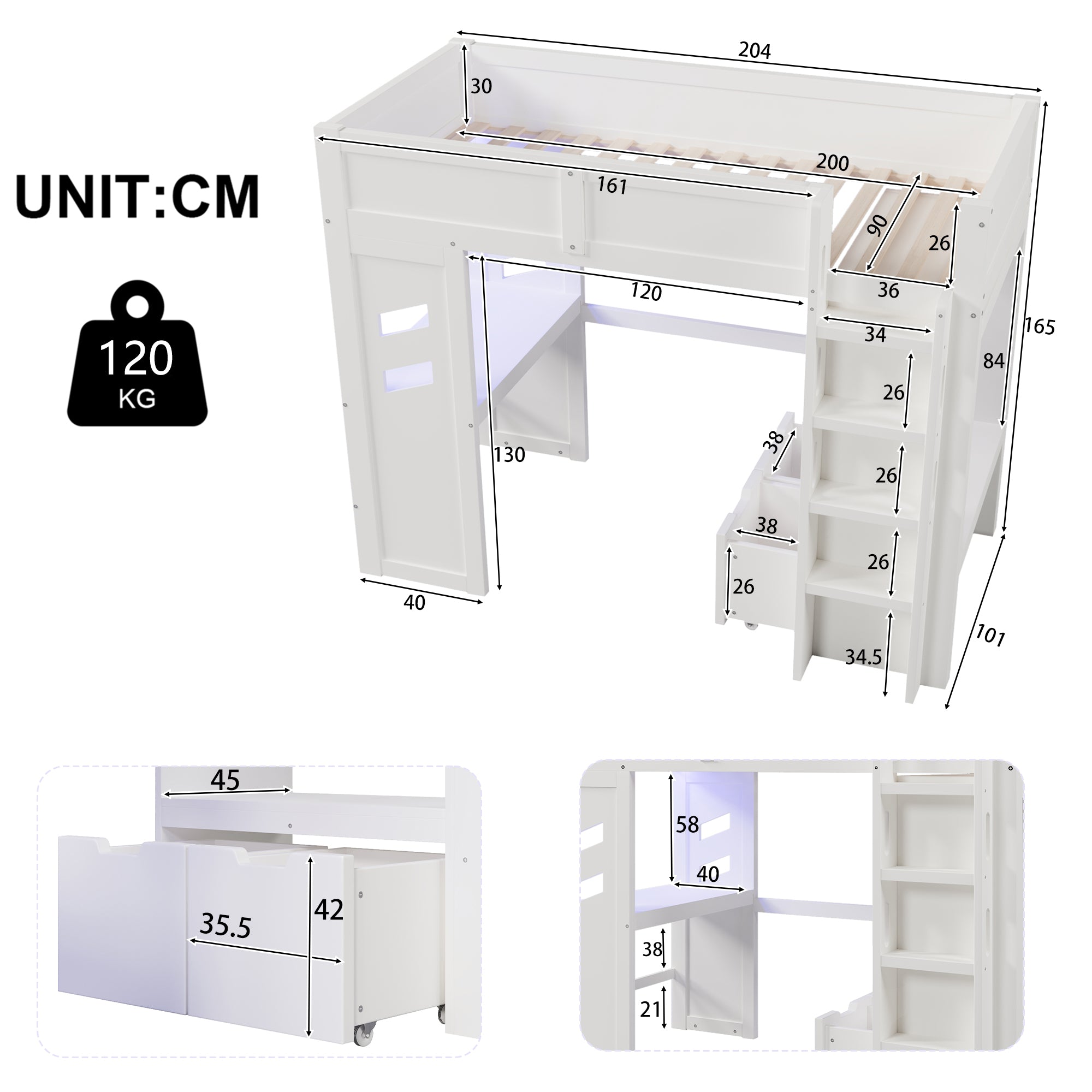 Loft Bed 90x200cm Gaming Desk LED Lights USB/Type-C, White