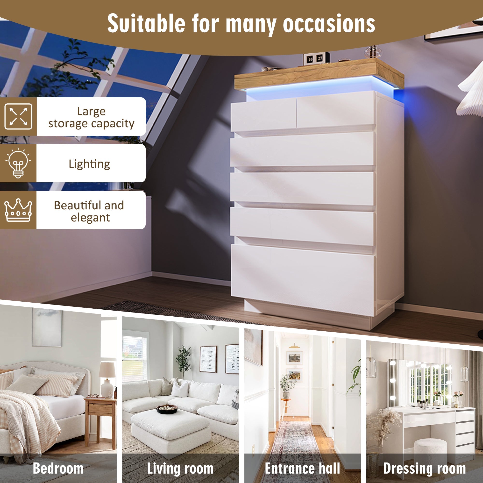 Chest of Drawers with 6 Drawers, High-Gloss Sideboard Cabinet, RGB LED (App-Controlled) Storage, Multi-purpose for Living Room & Bedroom, White