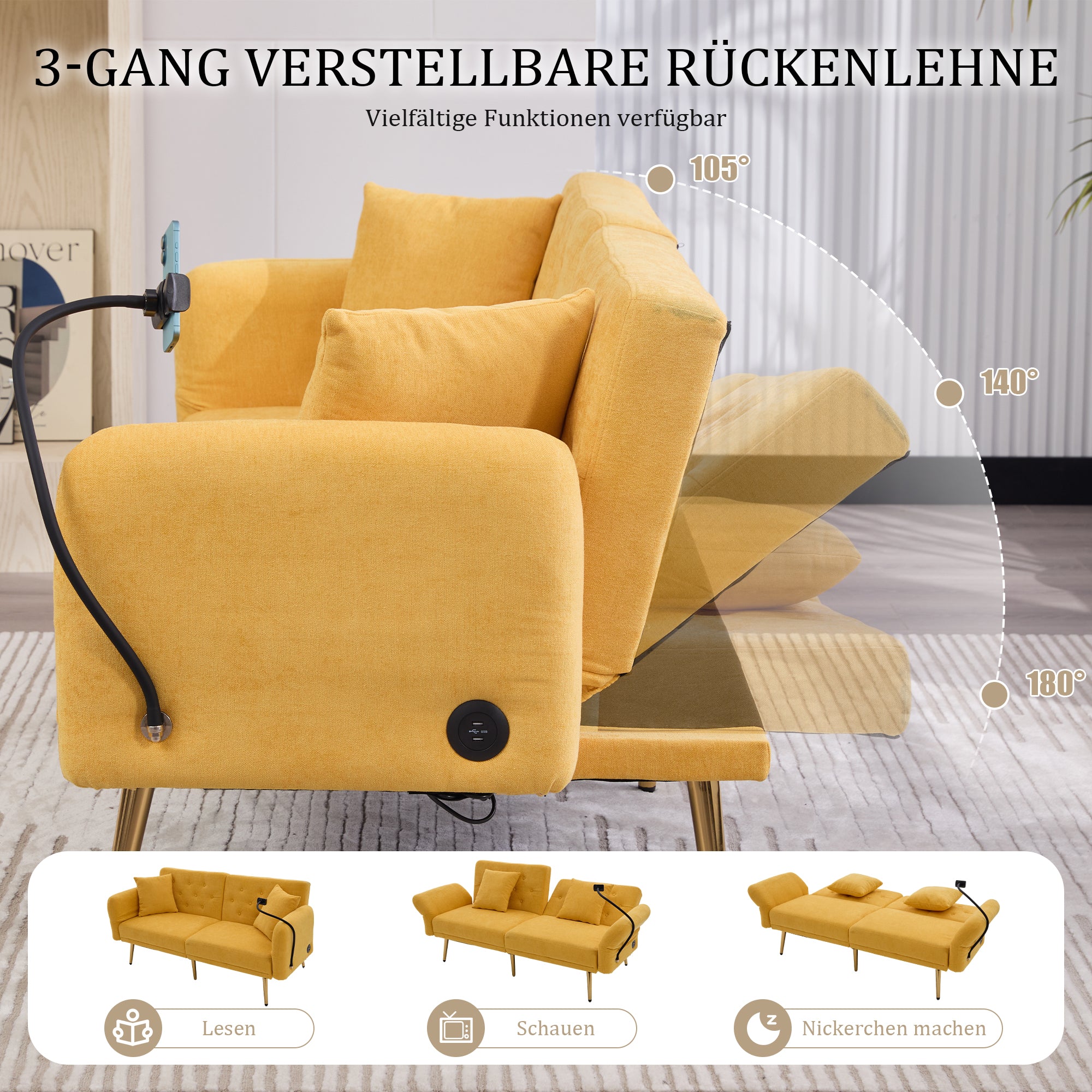 Sofa Bed, Multifunctional Folding with Adjustable Backrest, USB Ports, Side Pocket, Metal Legs