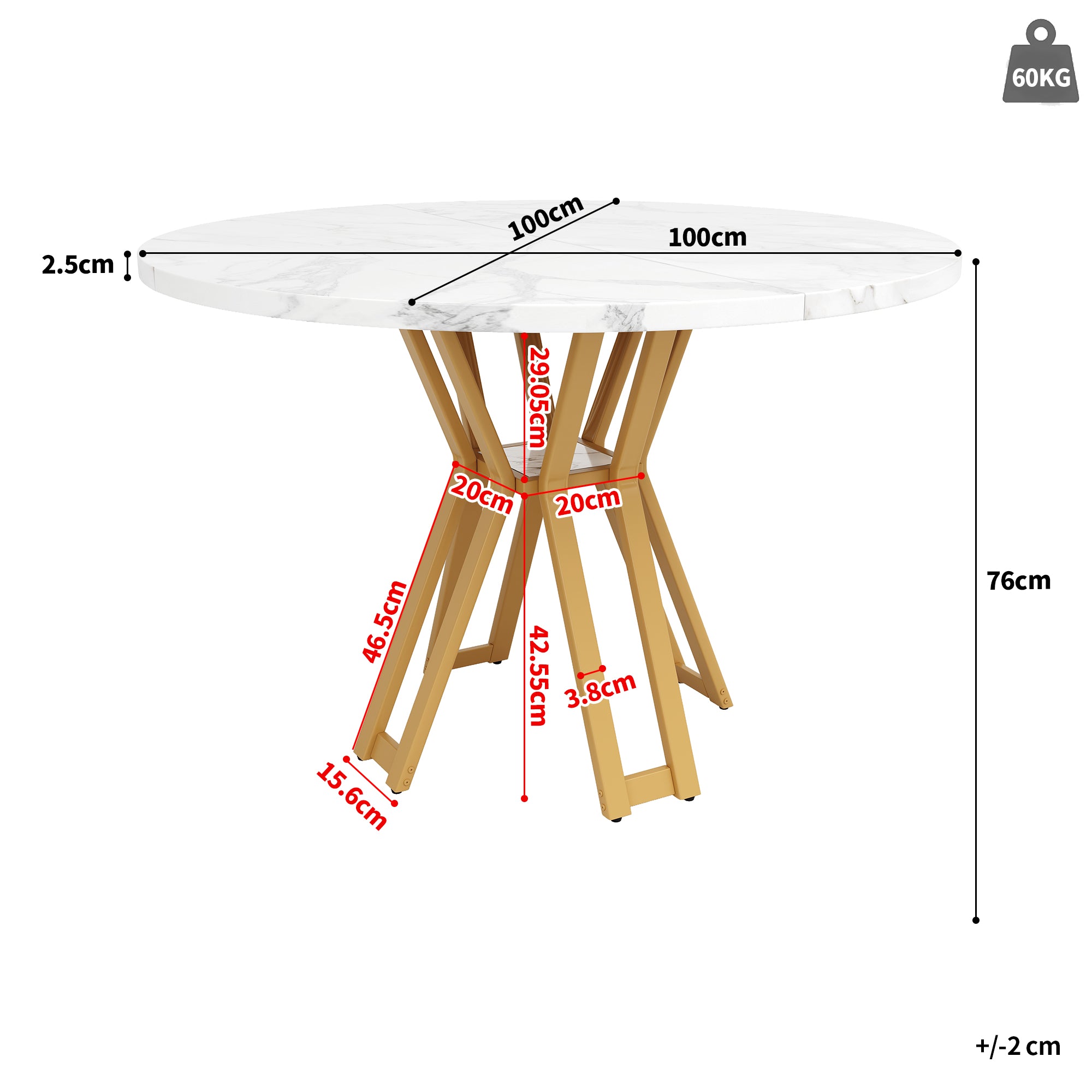 Round Dining Table 100cm 4-6 Seater Luxurious Gold Legs Marbled MDF