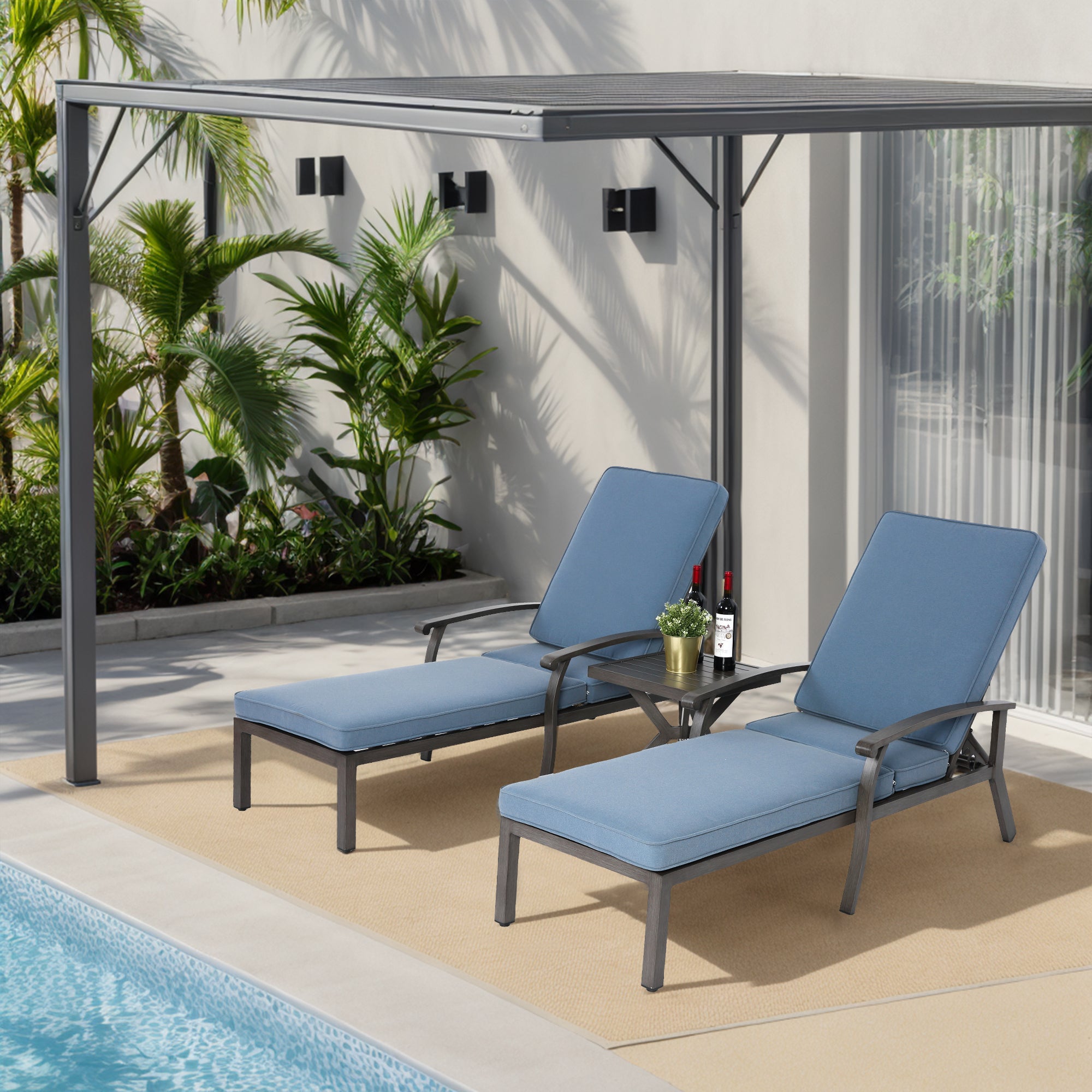 Lounge Patio Chair, Adjustable Reclining Rustproof Aluminum, Waterproof Blue Cushion