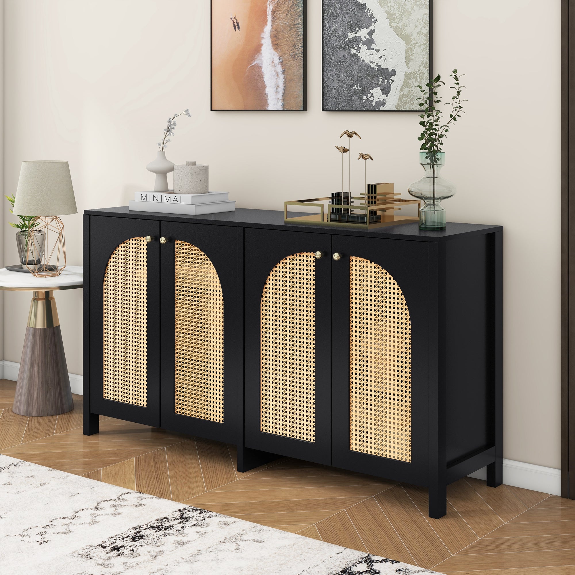Sideboard, Minimalist with 4 Rattan Doors & Metal Handles, Black