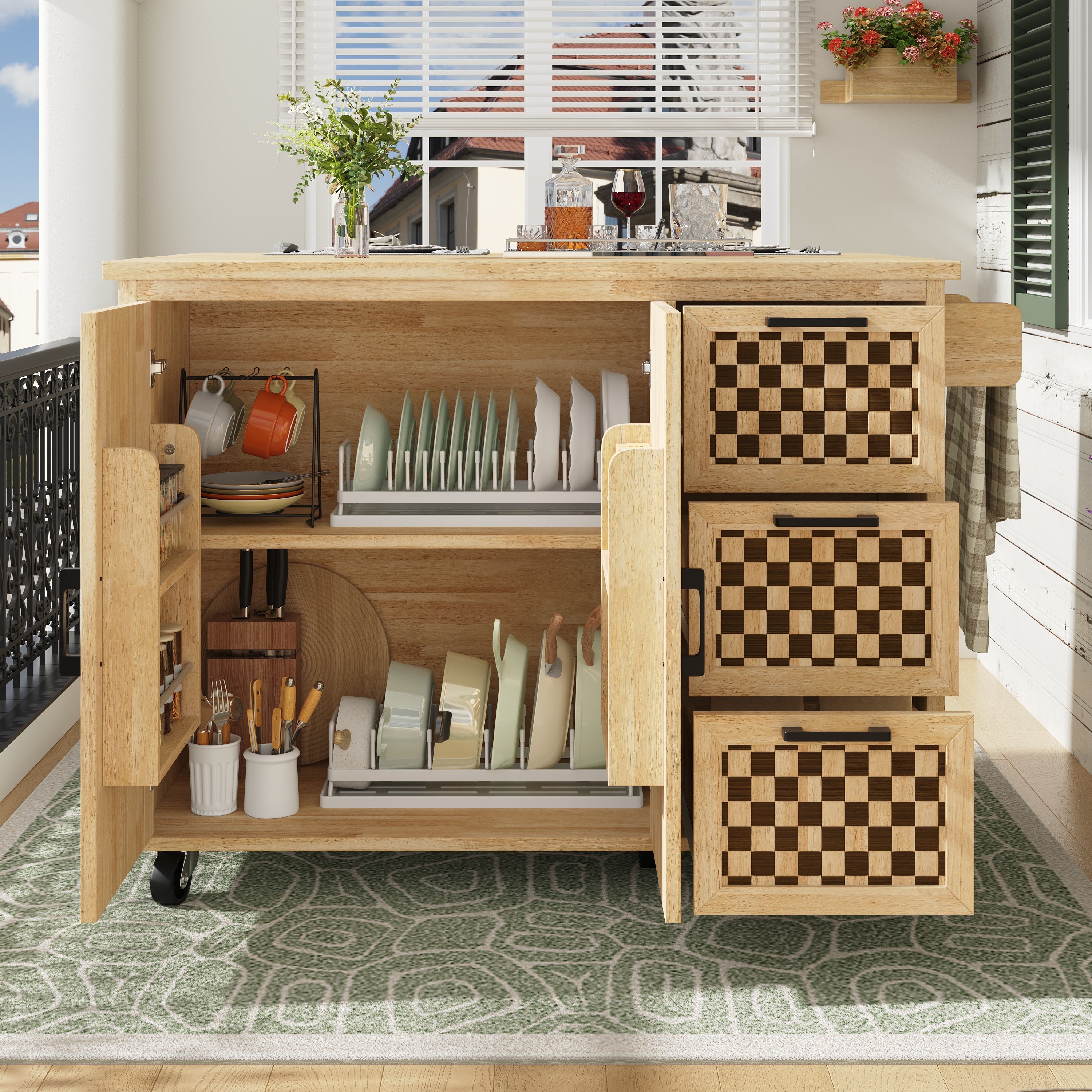 Extendable Kitchen Island Trolley 120cm 3 Drawers 2 Doors - Checkerboard Wood Grain