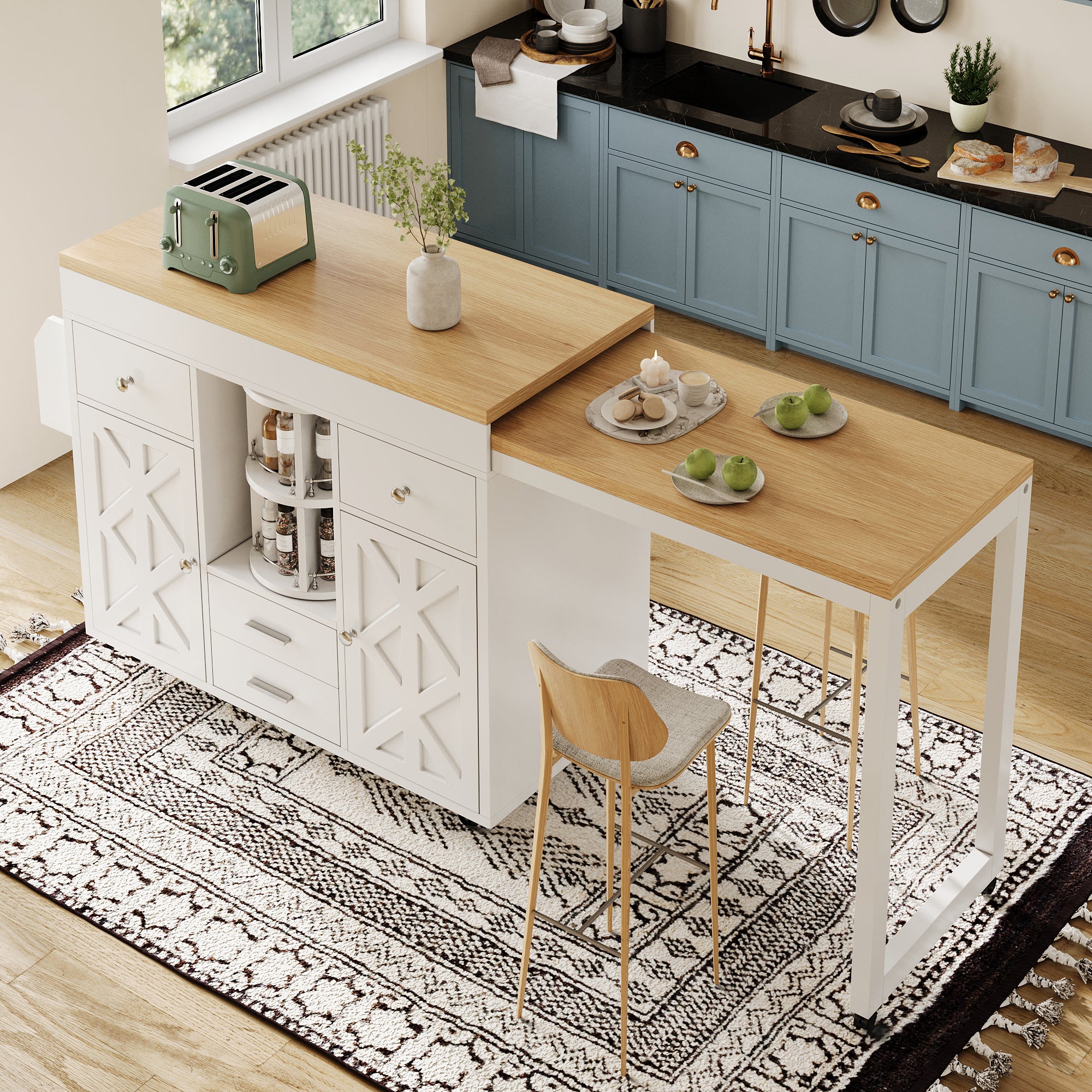 Modern Extendable Bar Table and Kitchen Trolley with Rotating Organizer and Adjustable Shelves, White